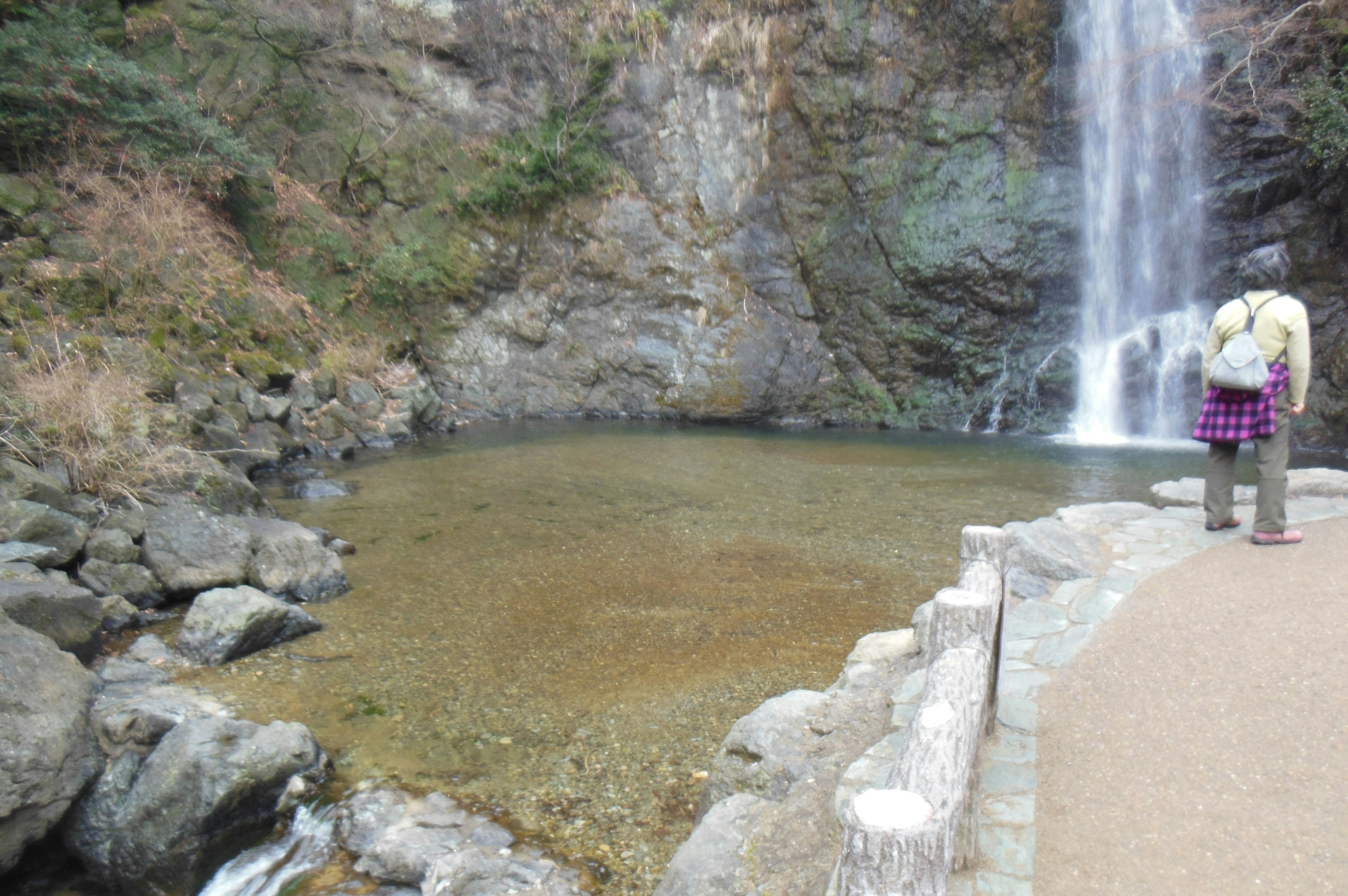 Stagno sereno vicino a una cascata circondato da rocce