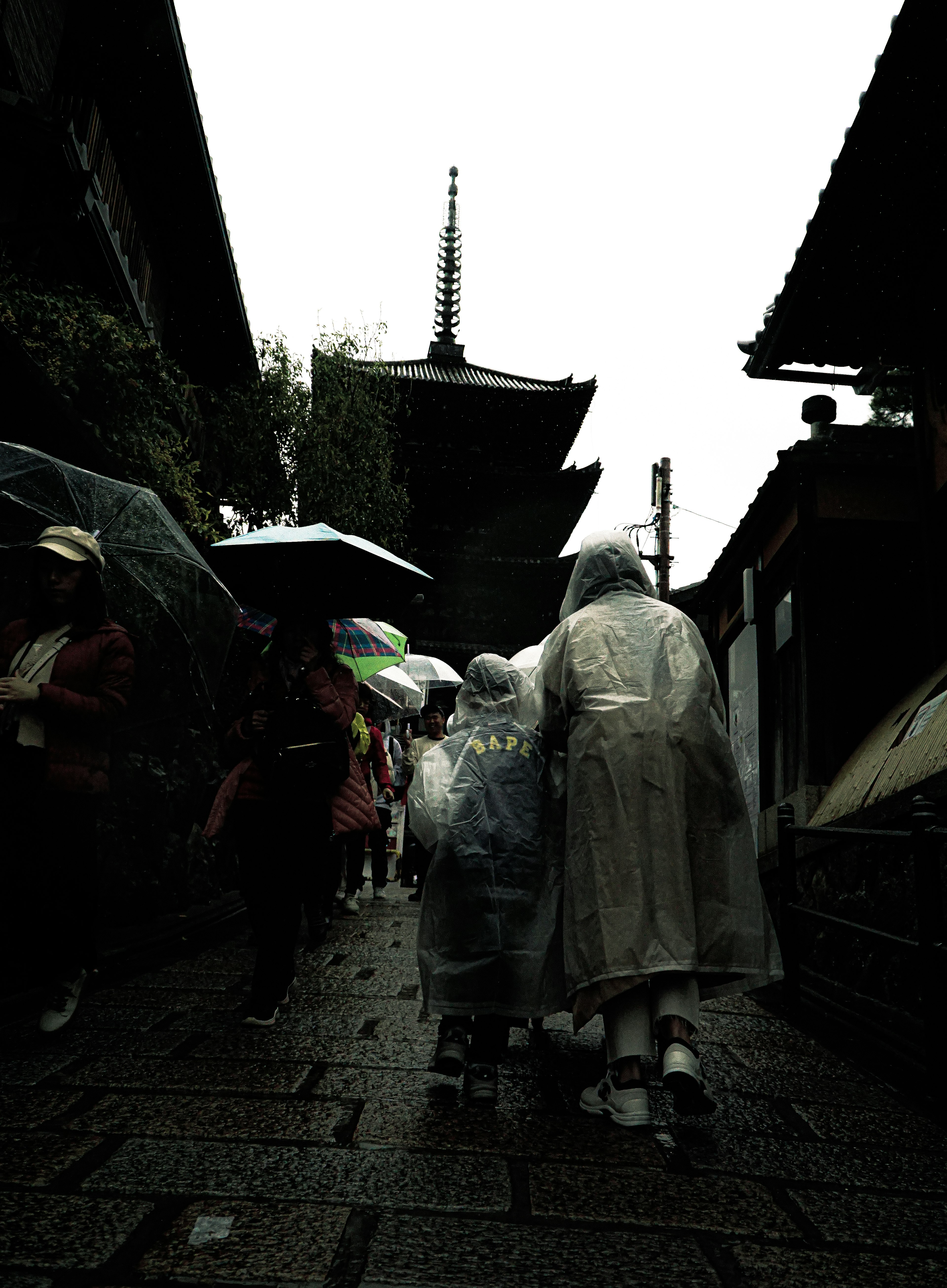 雨の中を歩く人々と伝統的な建物が見える風景