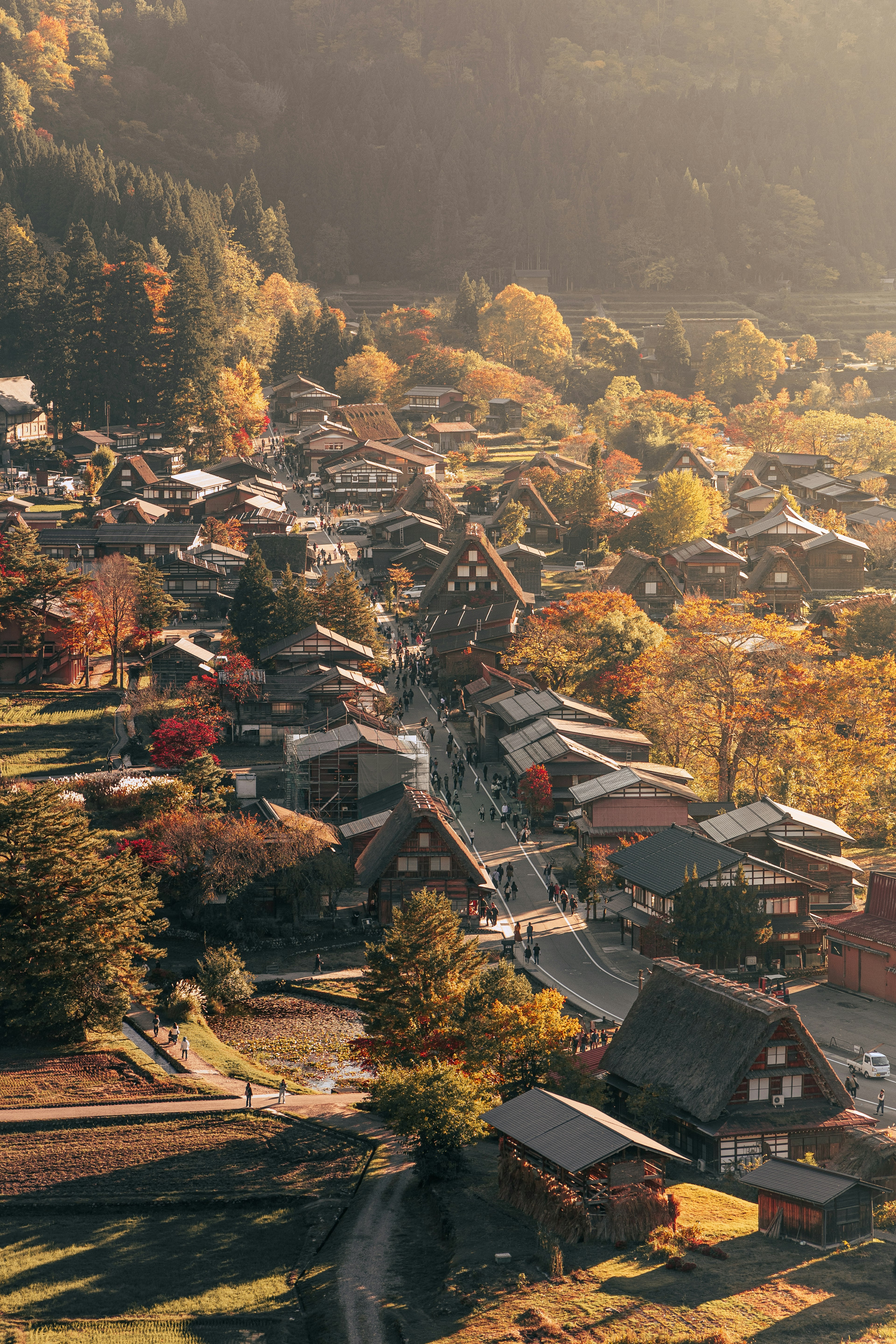 Vista aérea de un pueblo japonés tradicional rodeado de follaje otoñal