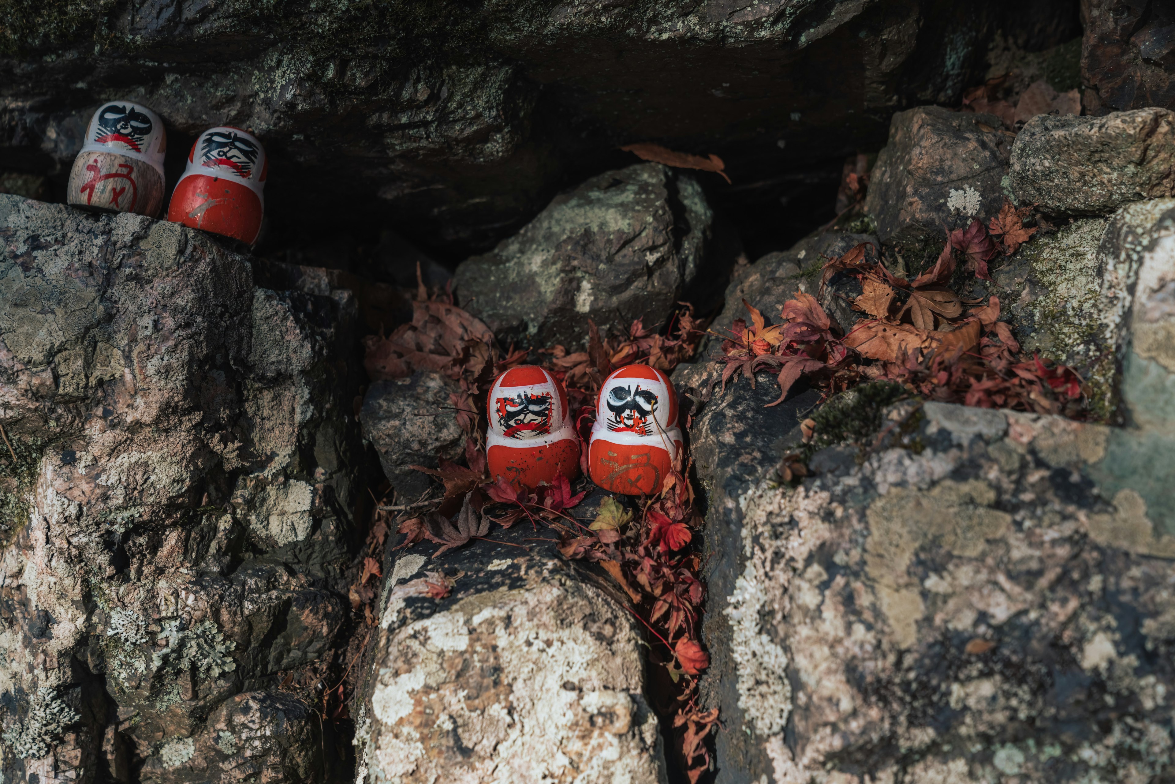 Boneka daruma merah terletak di antara batu