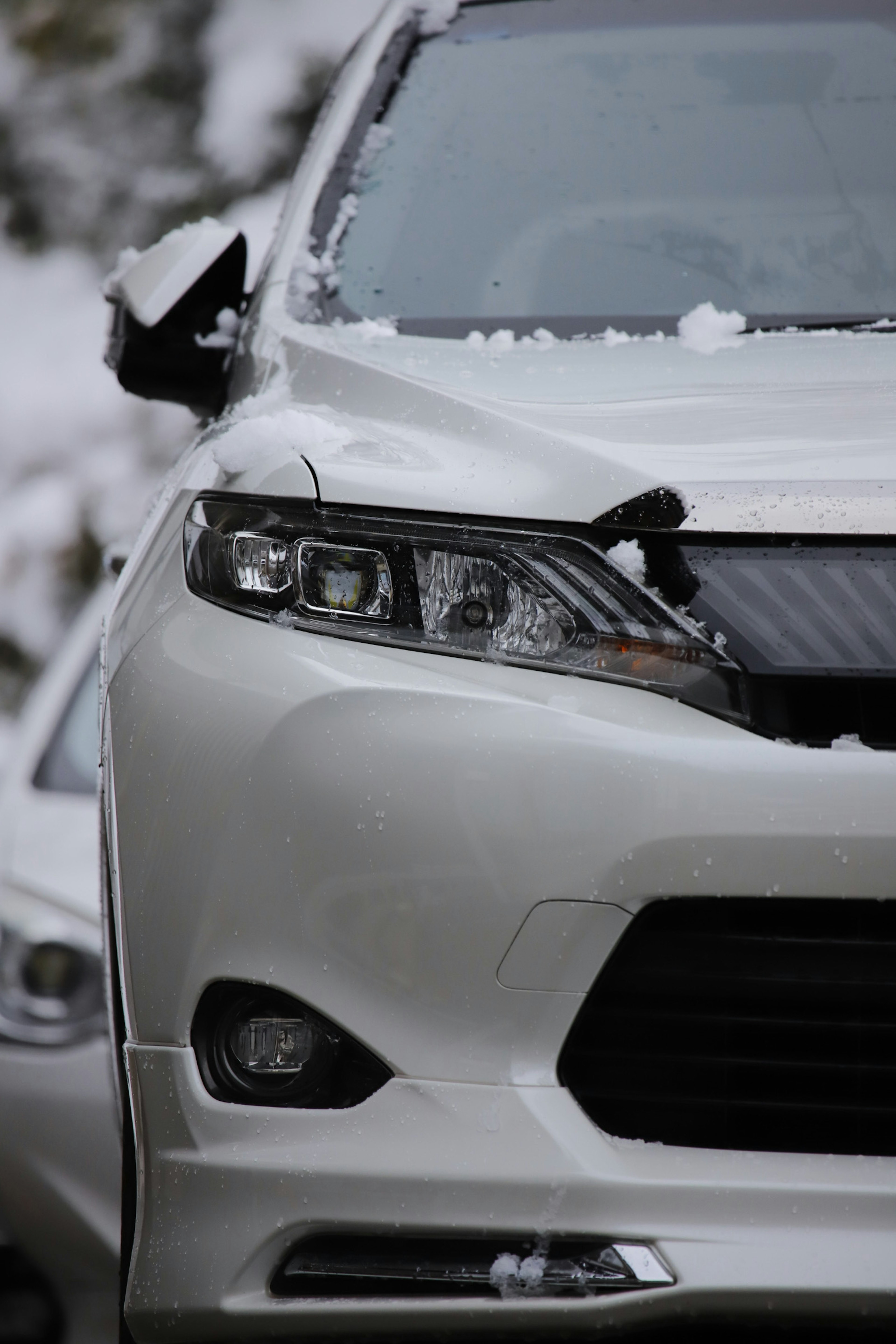 雪地中白色SUV的特寫展示了車燈和格柵