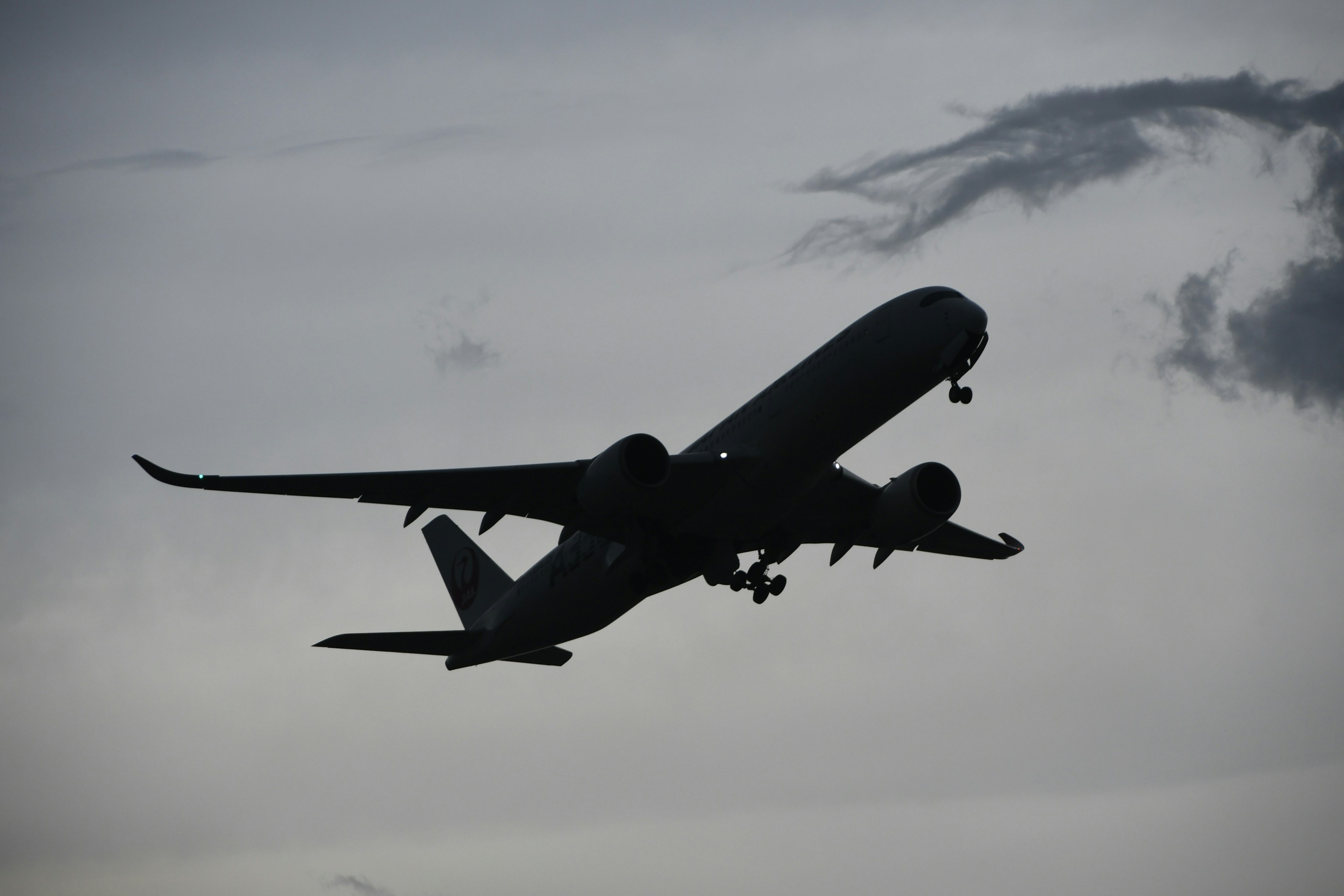 飛行機のシルエットが空を飛ぶ様子