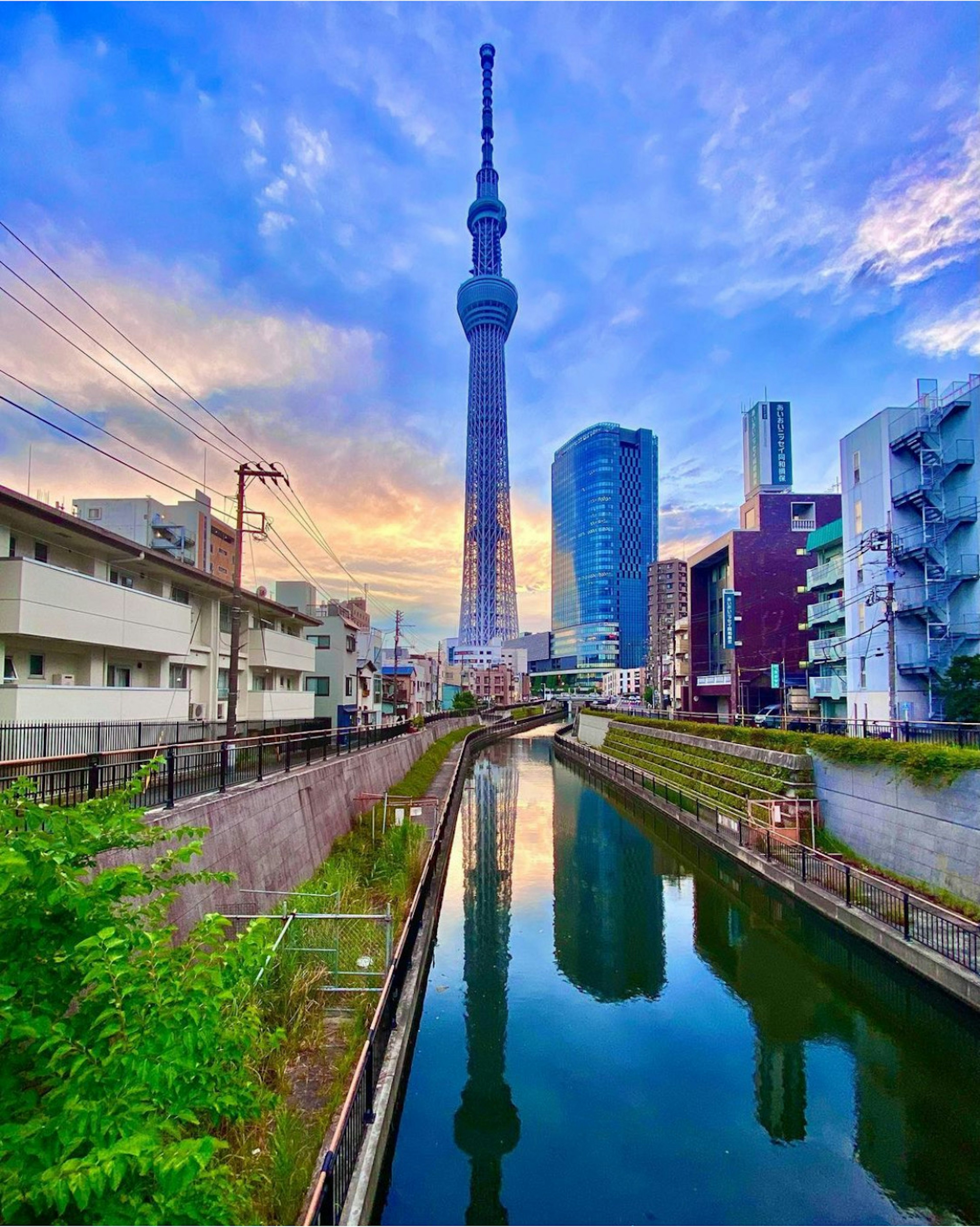 Cảnh Tokyo Skytree với phản chiếu trên sông lúc hoàng hôn