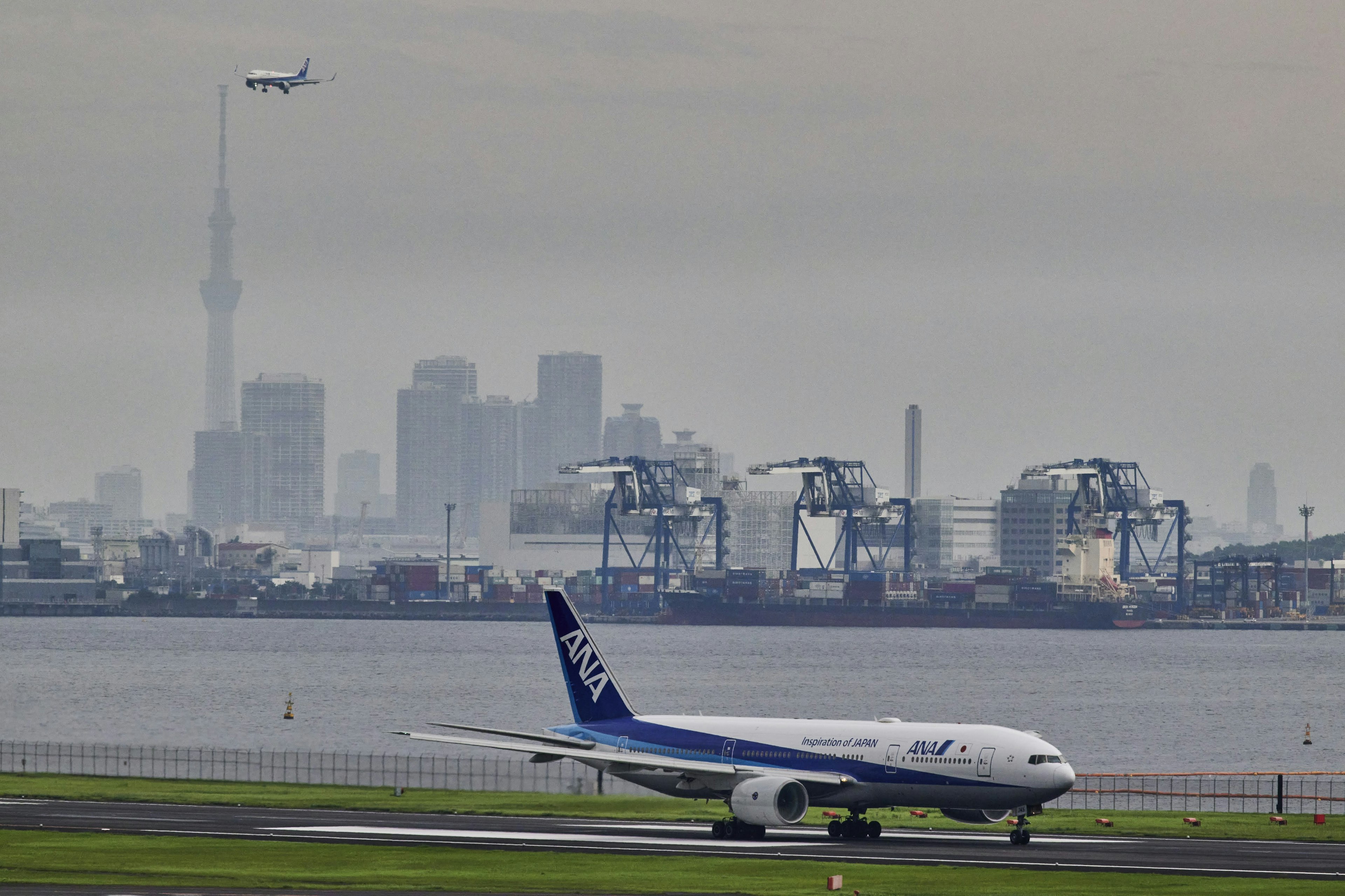 東京湾に面した空港で離陸する飛行機と背景に東京スカイツリーを含む都市の風景