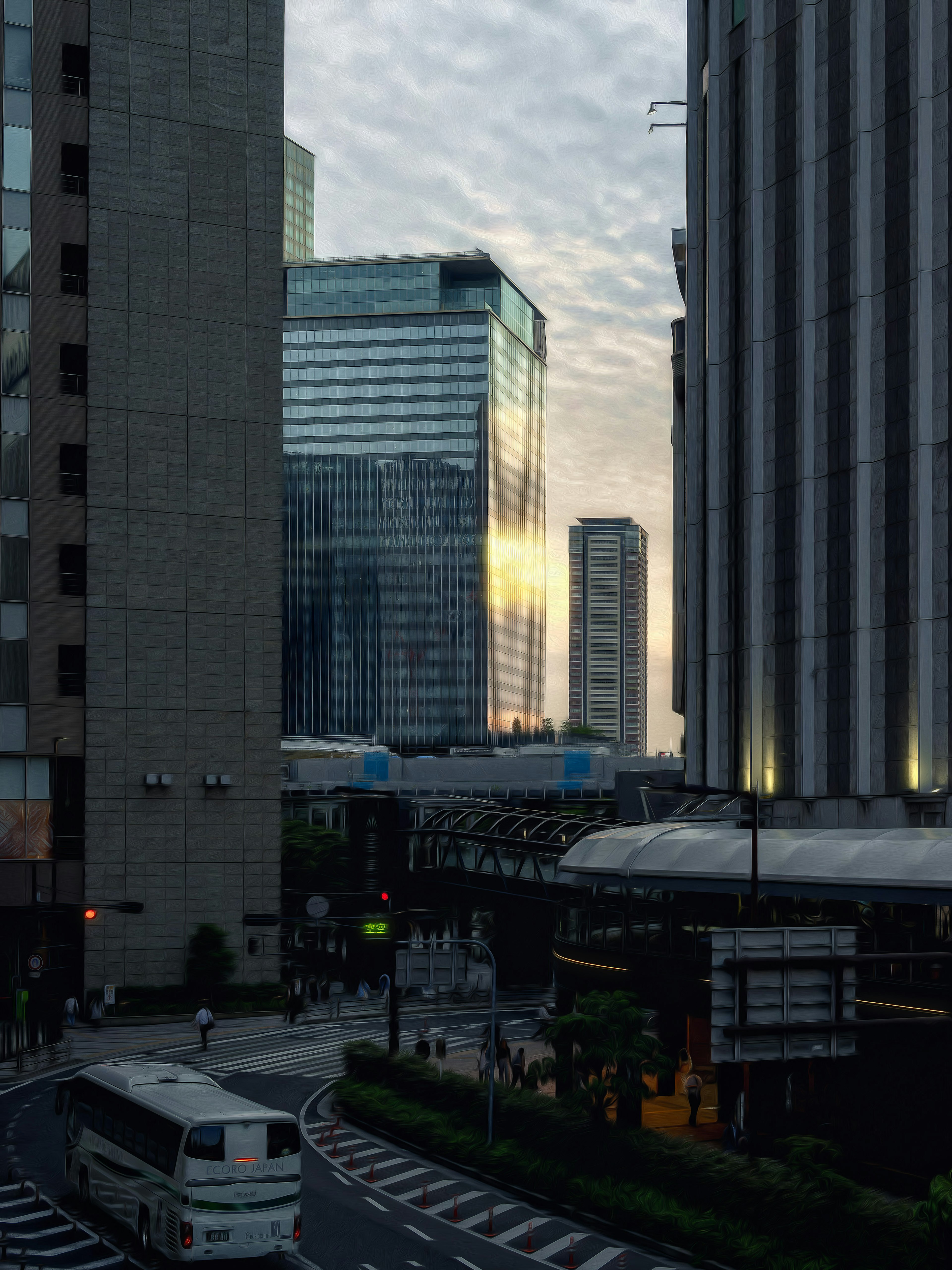 Stadtlandschaft mit Wolkenkratzern Sonnenuntergangslicht spiegelt sich in Glasflächen