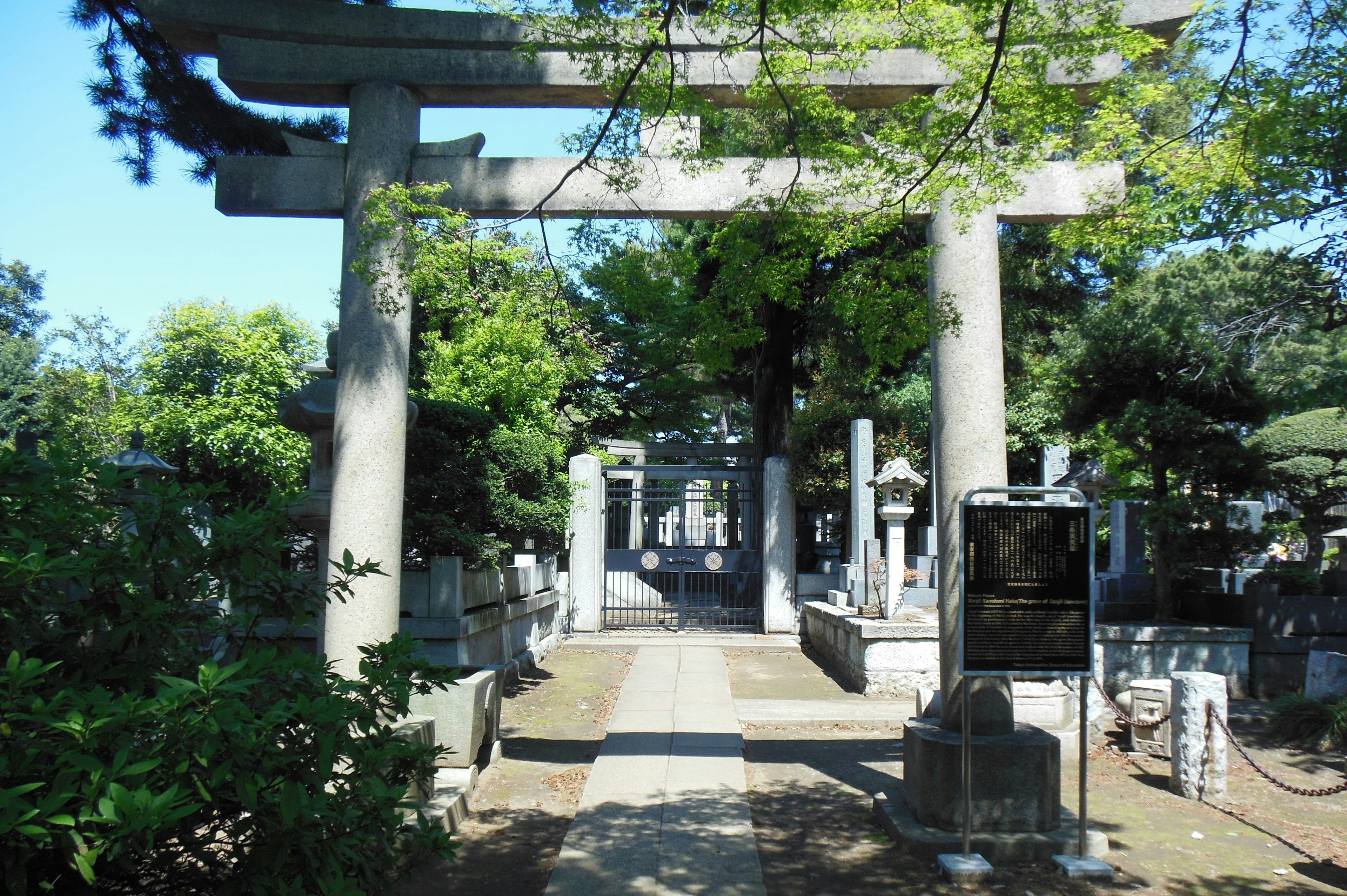 神社鳥居與墓地小徑的景觀，周圍環繞著綠色樹木和石墓