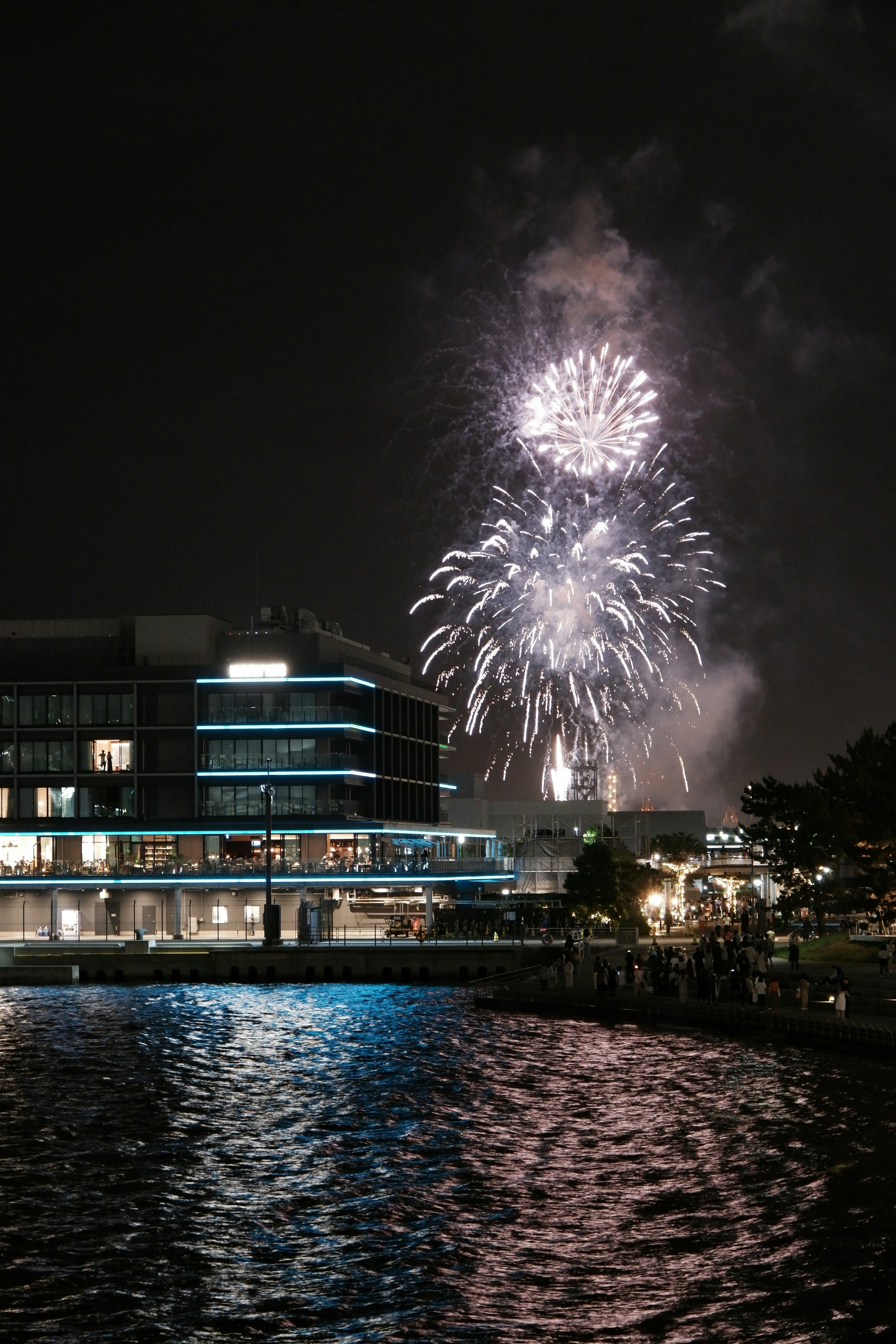 Fireworks display lighting up the night sky over a waterfront building