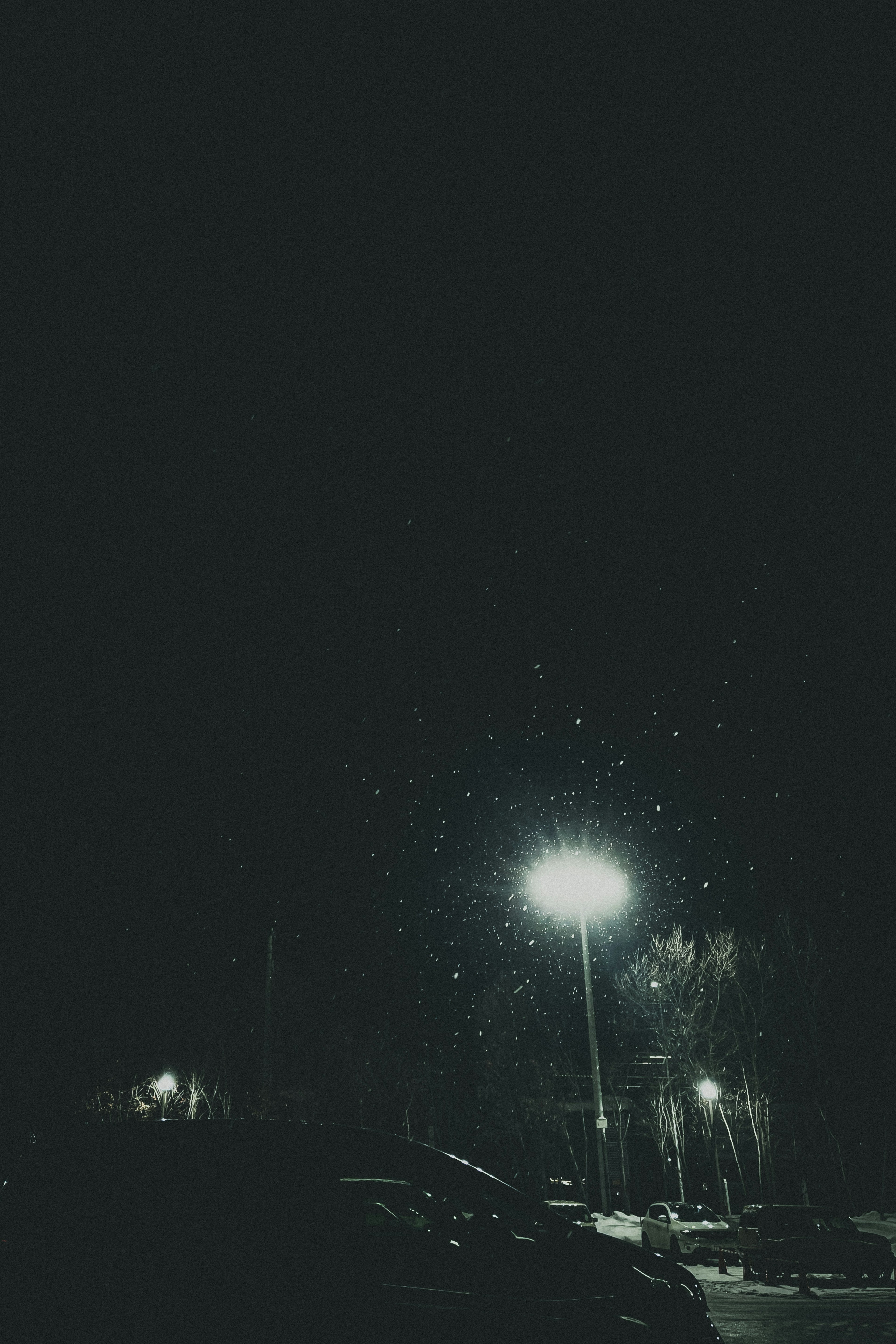 A dark night scene with streetlights and falling snow