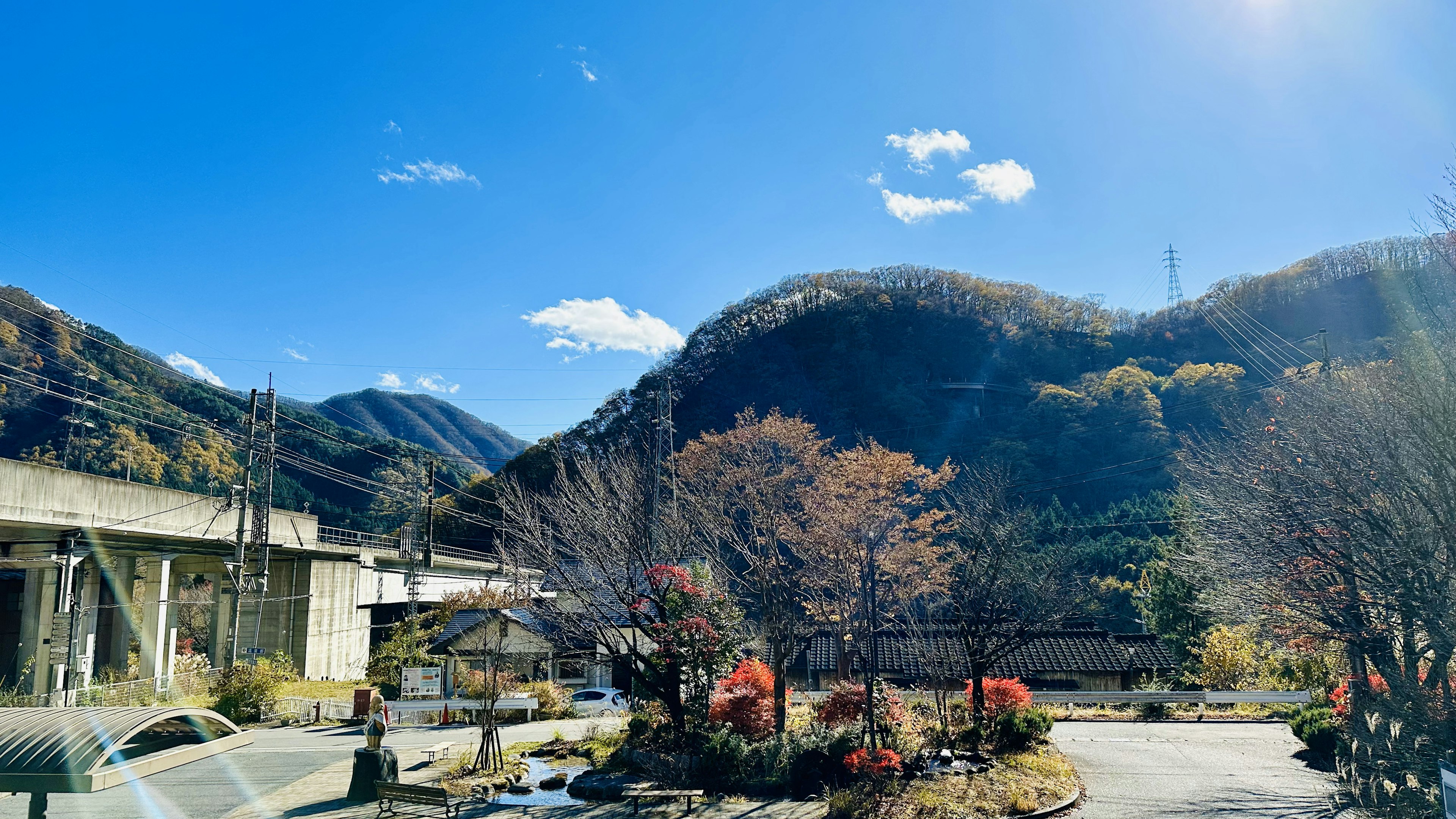 青空と山々が広がる風景に色づいた木々がある