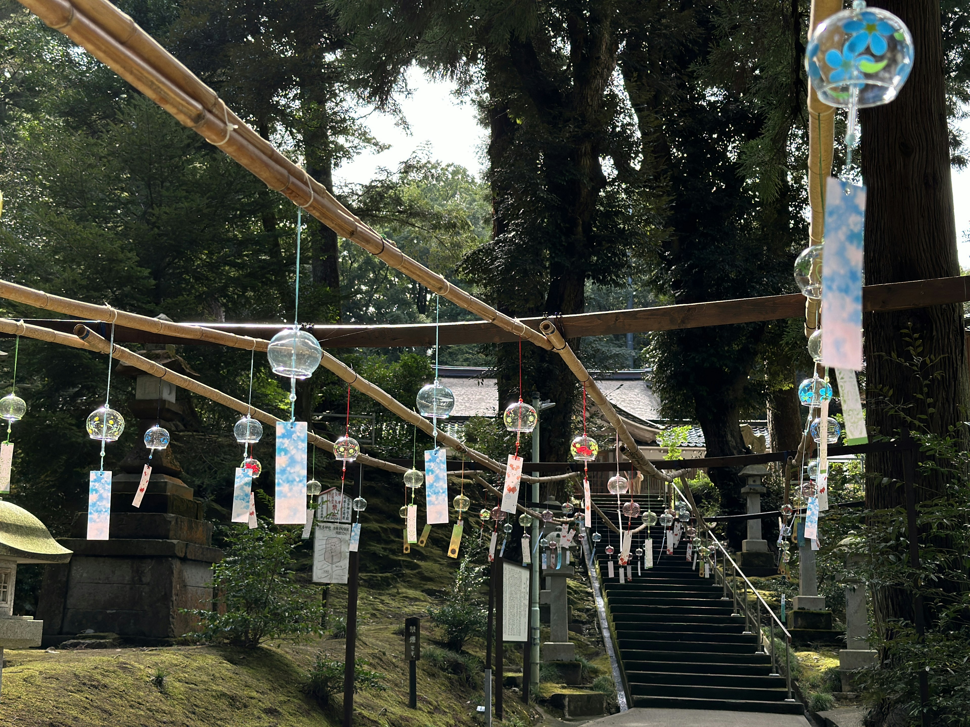 一个宁静的神社场景，风铃和彩色条幅悬挂在竹竿上，周围环绕着郁郁葱葱的绿色