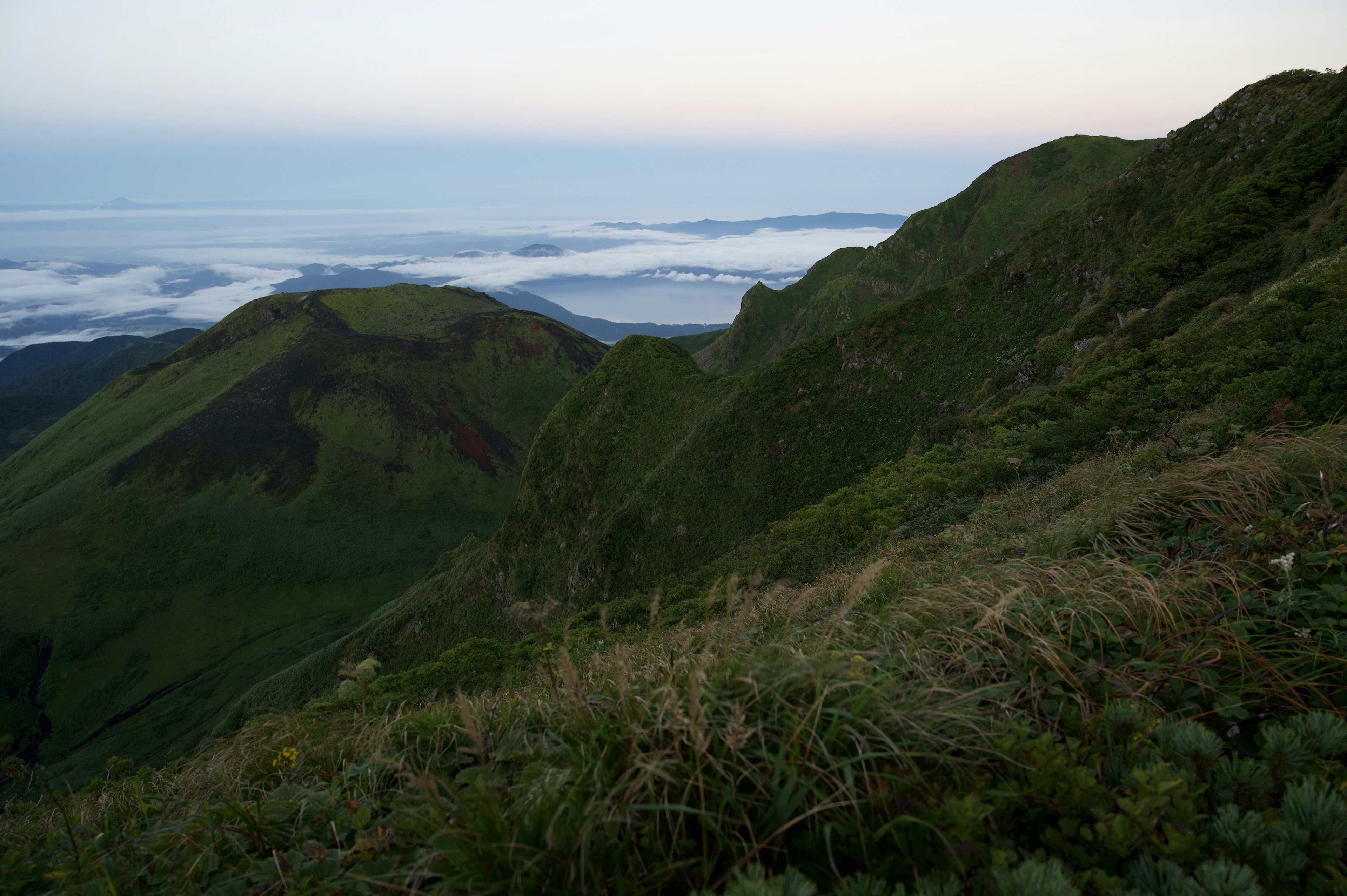 Lush green mountain slopes with a sea of clouds in the distance