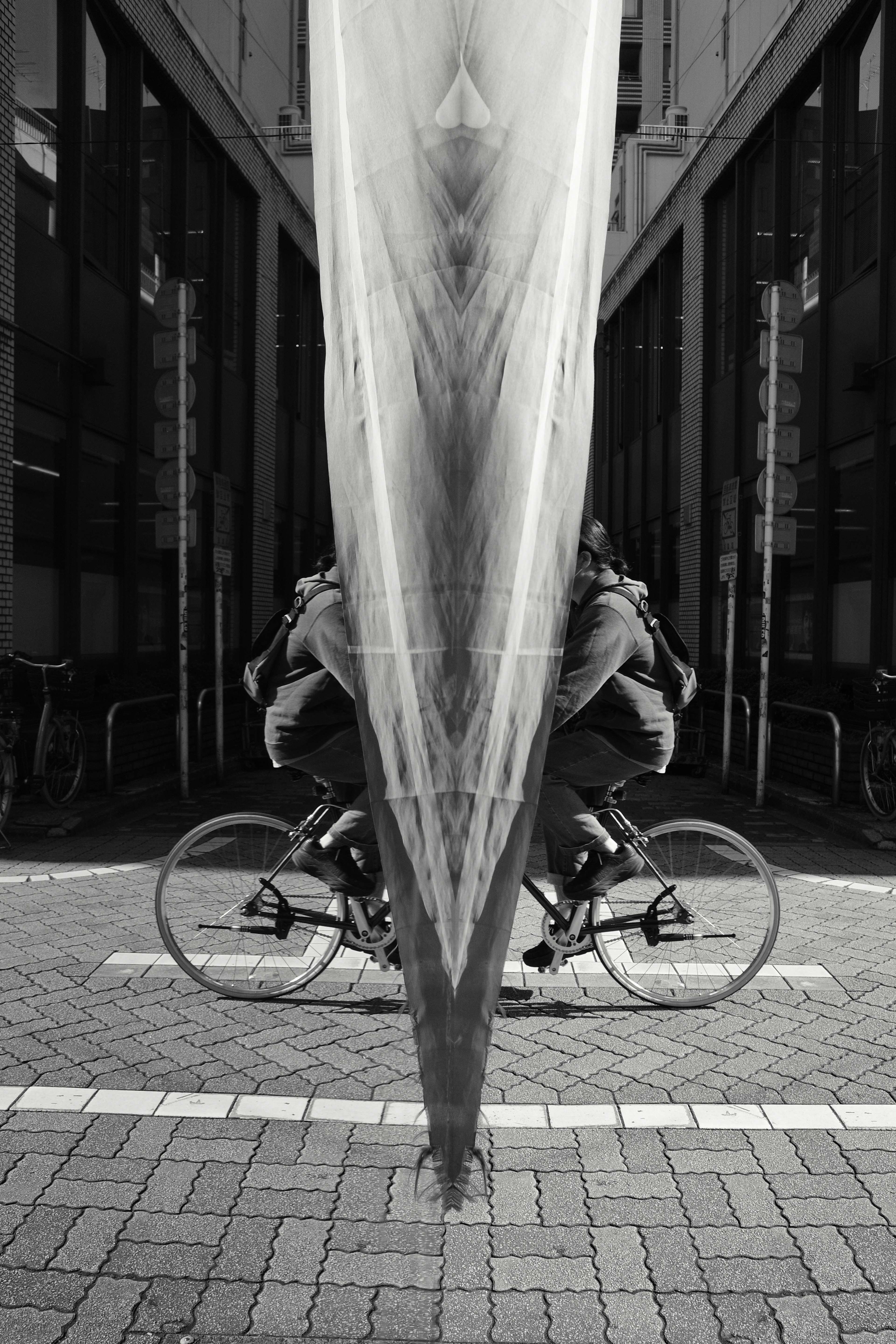 自転車に乗る人物が写っているモノクロ写真 近くの建物との対比が印象的