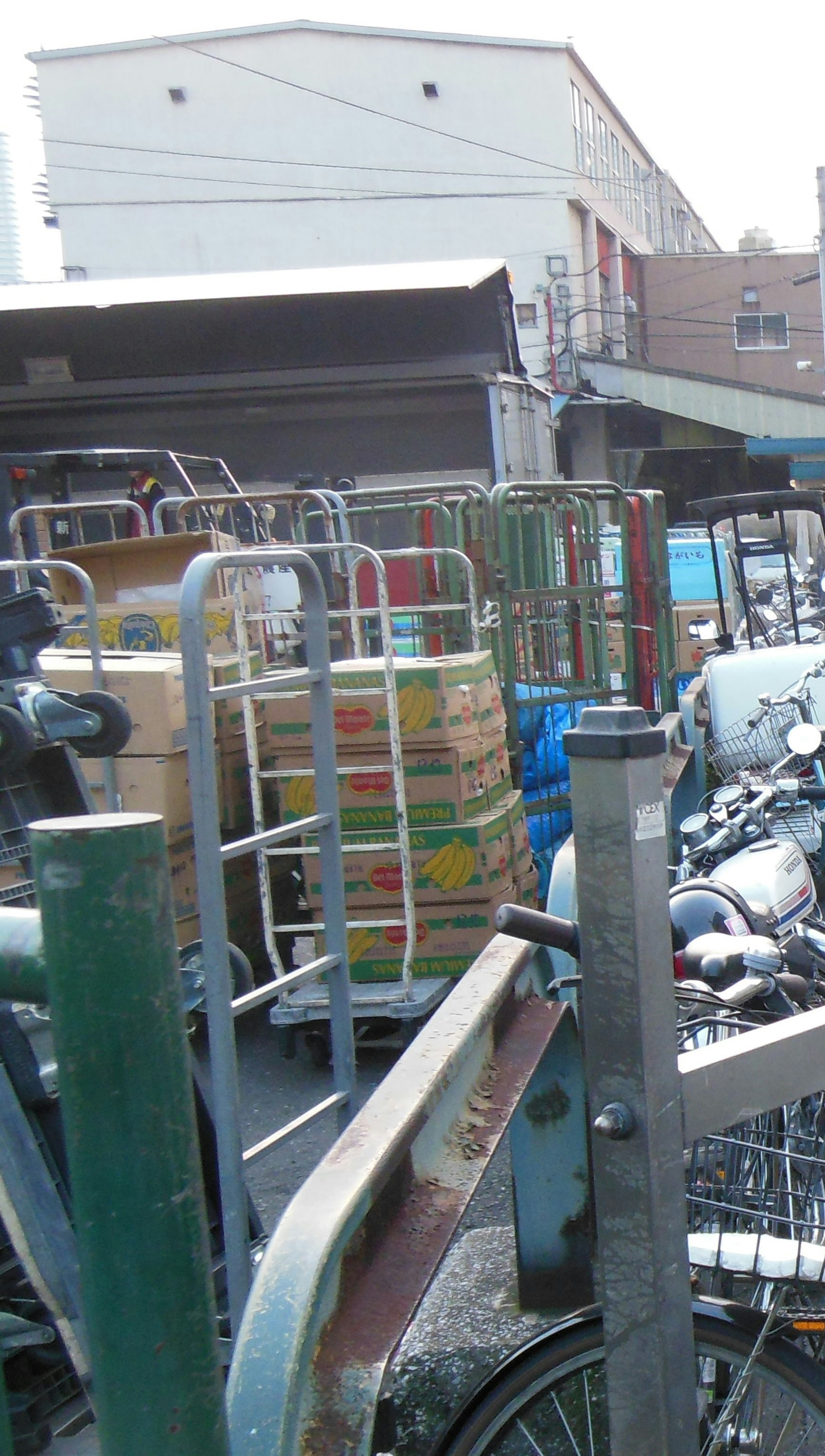 Scene of stacked goods and carts outside a warehouse