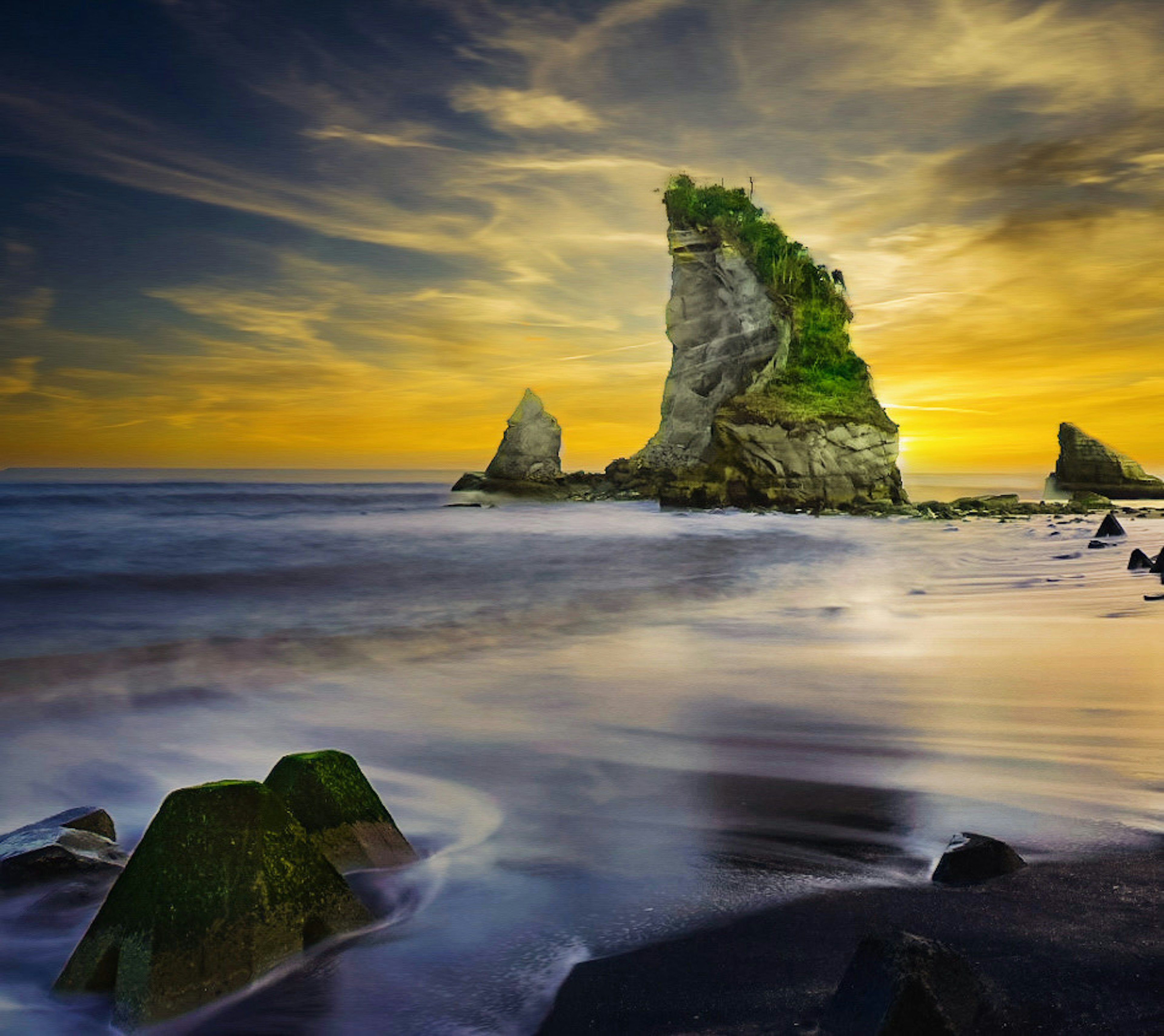 Impresionante paisaje costero con un cielo al atardecer y formaciones rocosas únicas