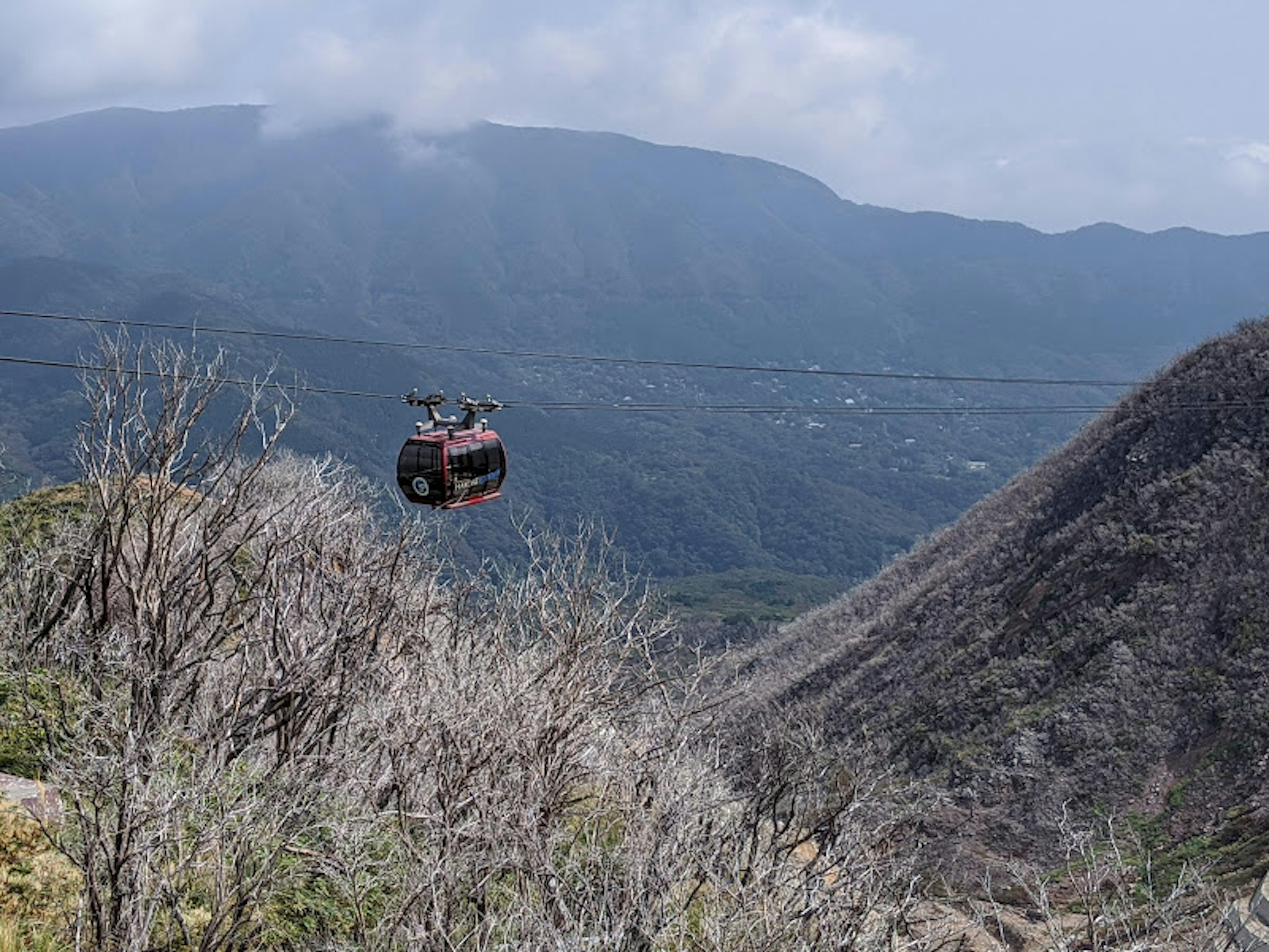 A cable car traveling above mountains with a cloudy sky