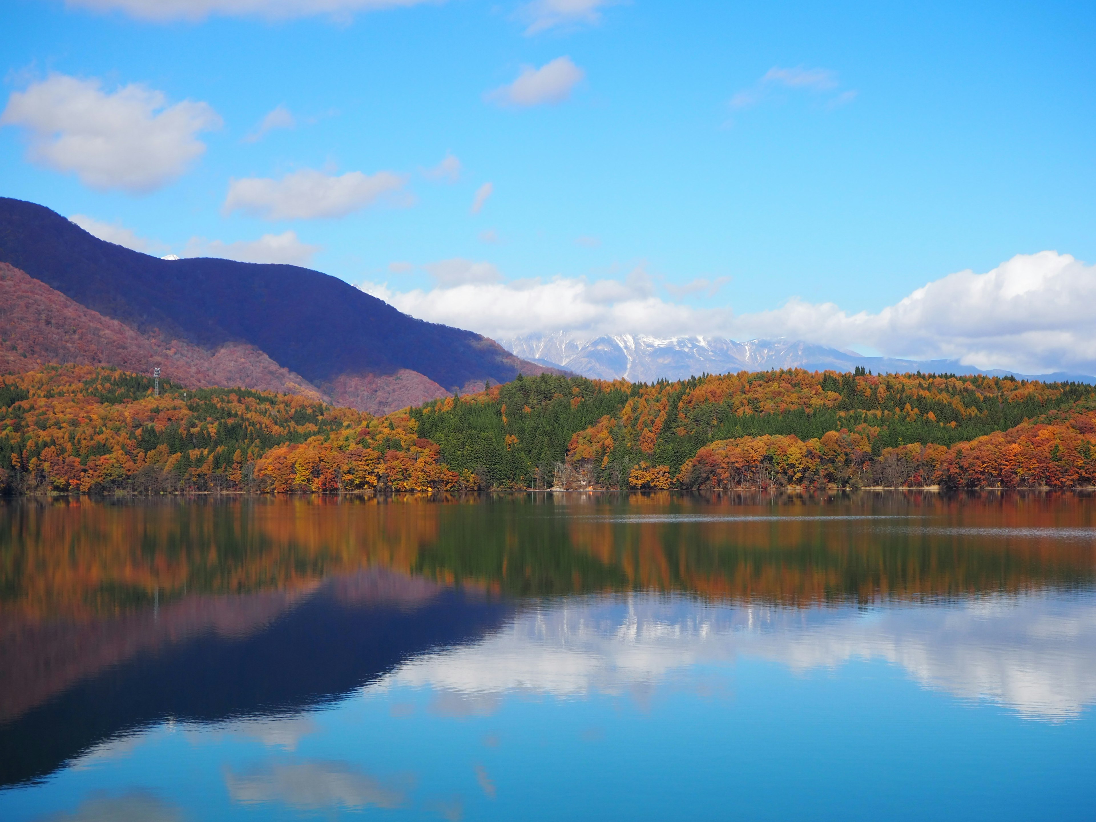 美しい湖の風景で、秋の紅葉が映る穏やかな水面と青空