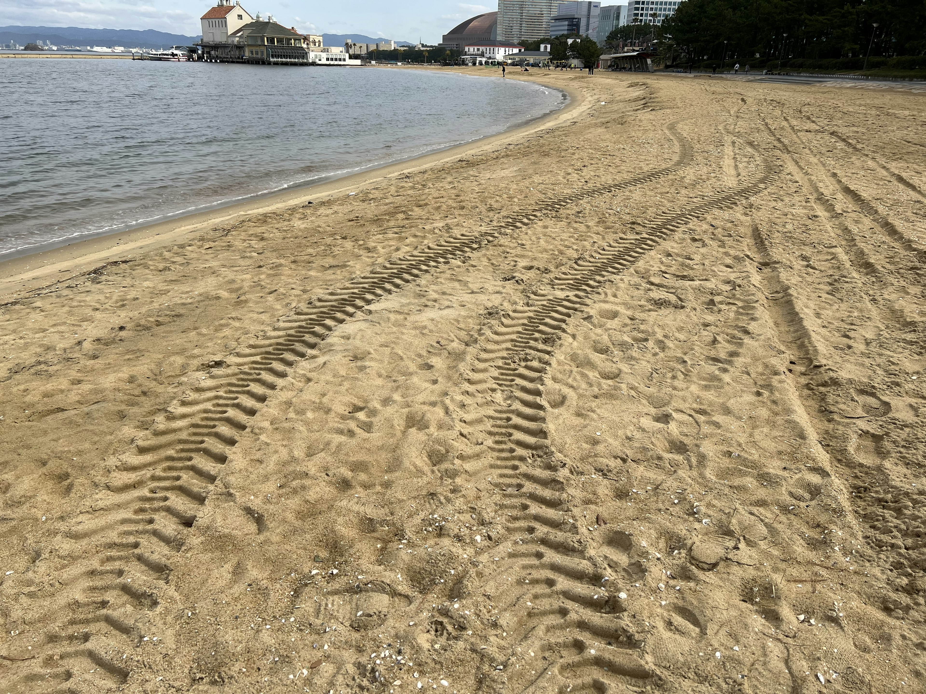 Sandstrand mit Reifenspuren entlang der Küste