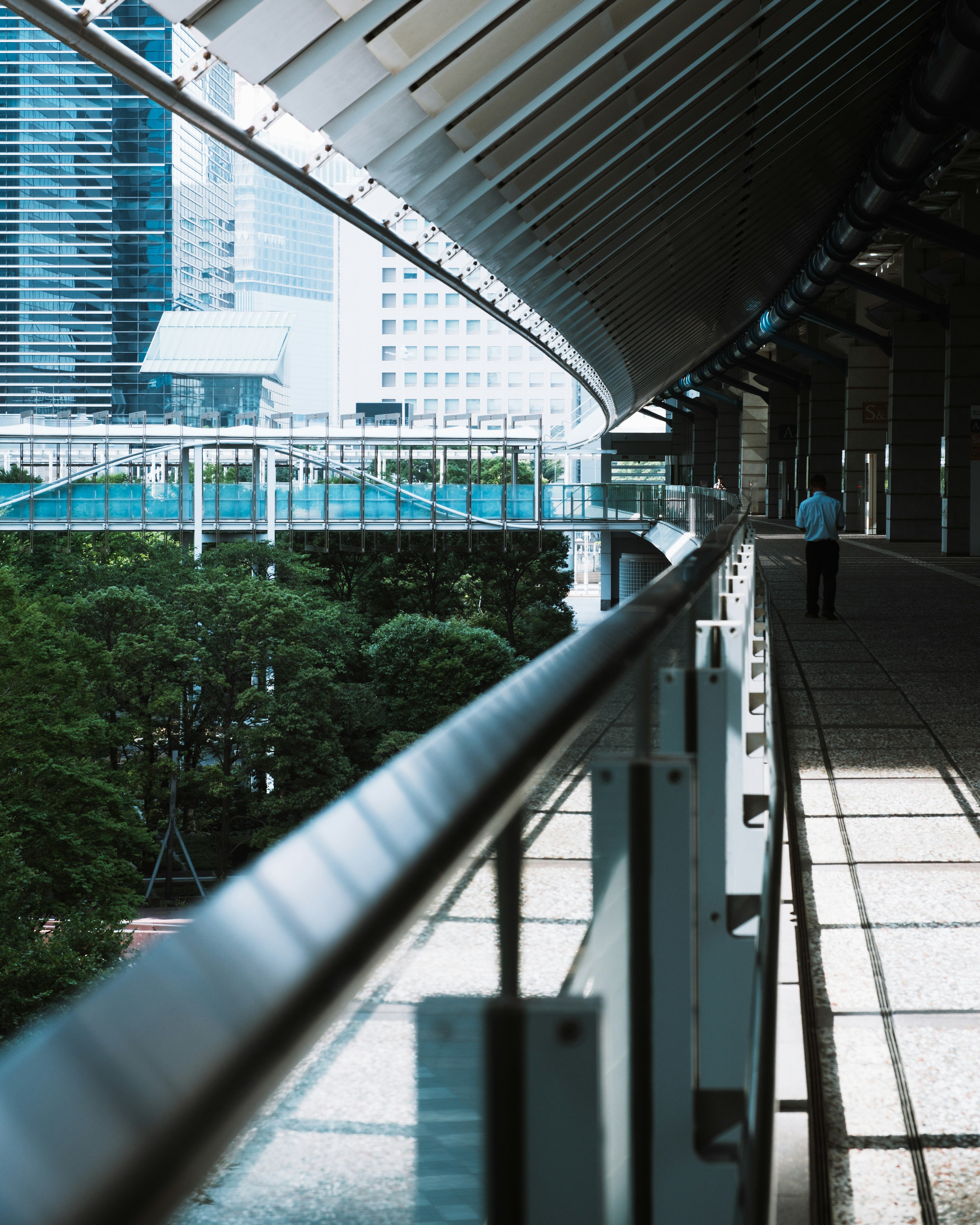 Handrail of a walkway with modern buildings and greenery in the background