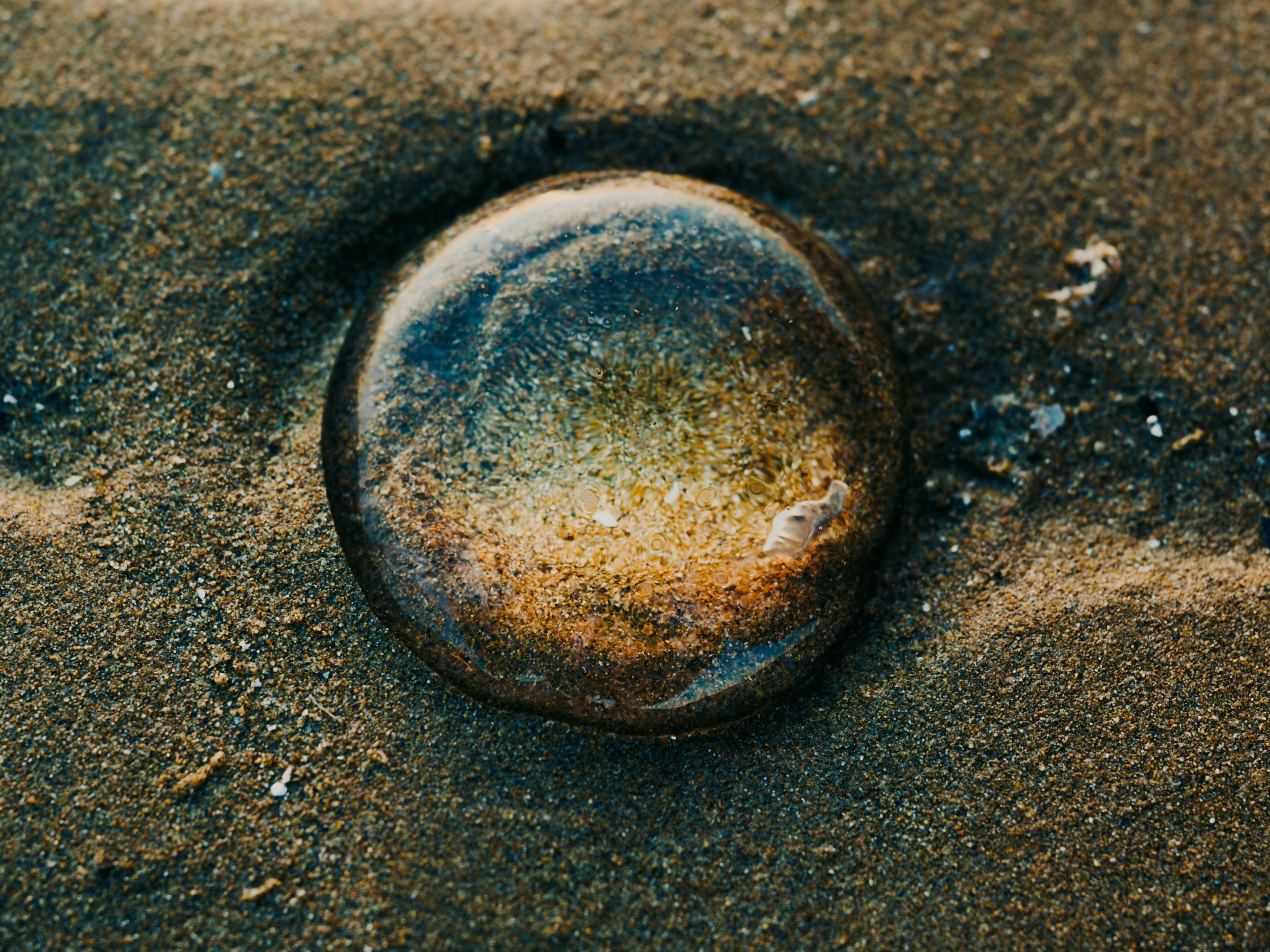 Un bouton métallique rond enfoui dans le sable