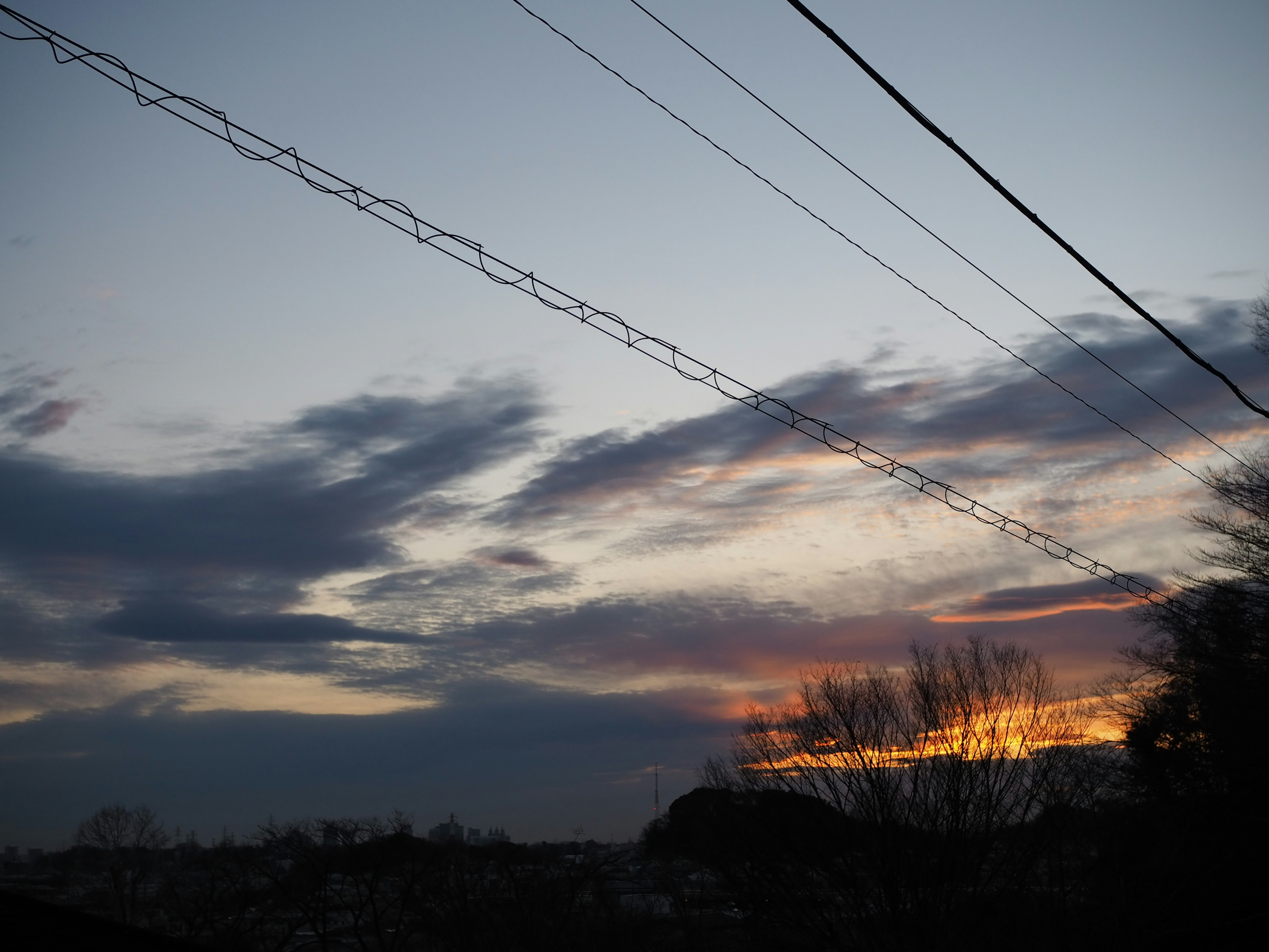 Cielo al tramonto con nuvole e linee elettriche