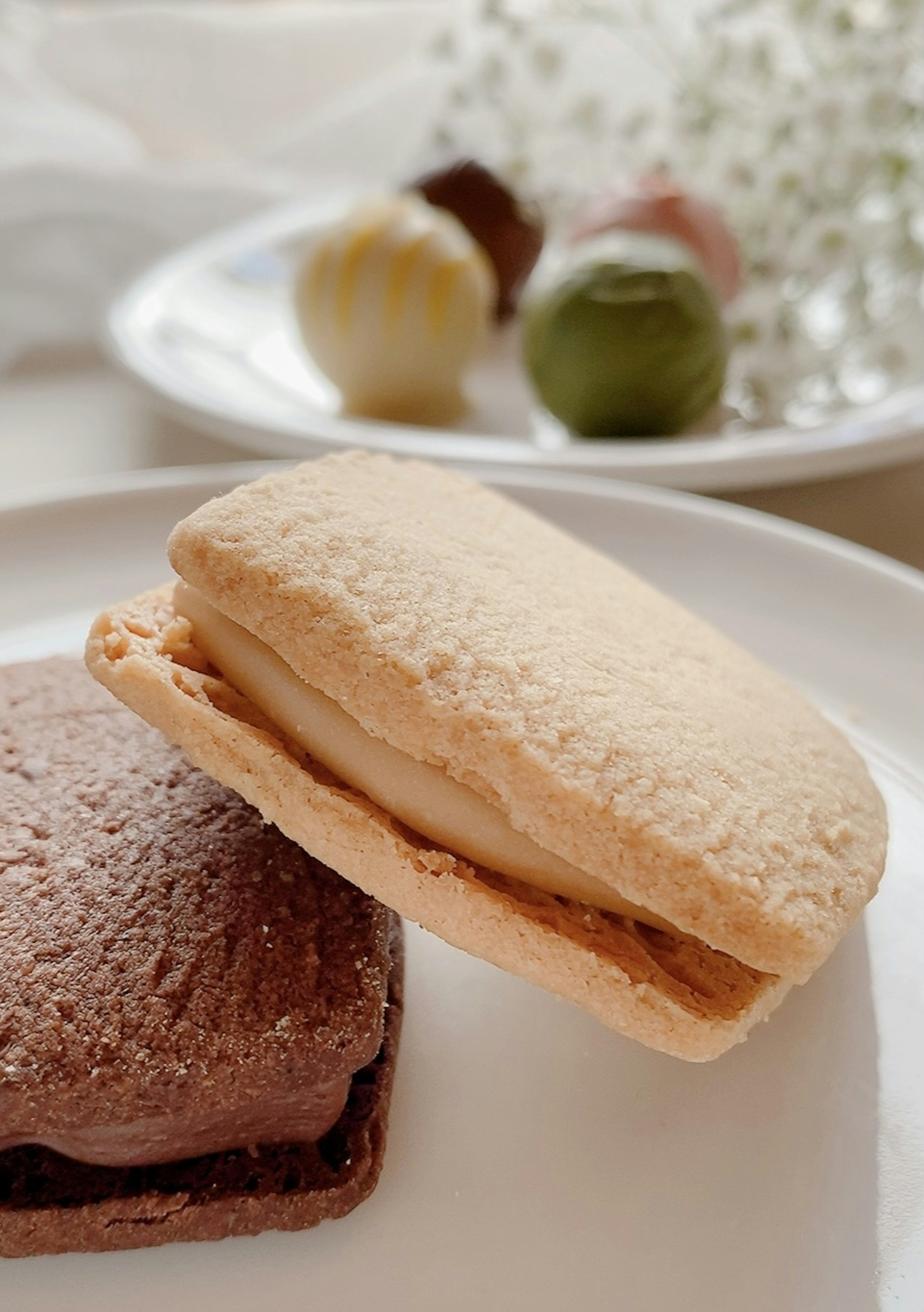 A white macaron and chocolate dessert on a table with beautiful sweets in the background