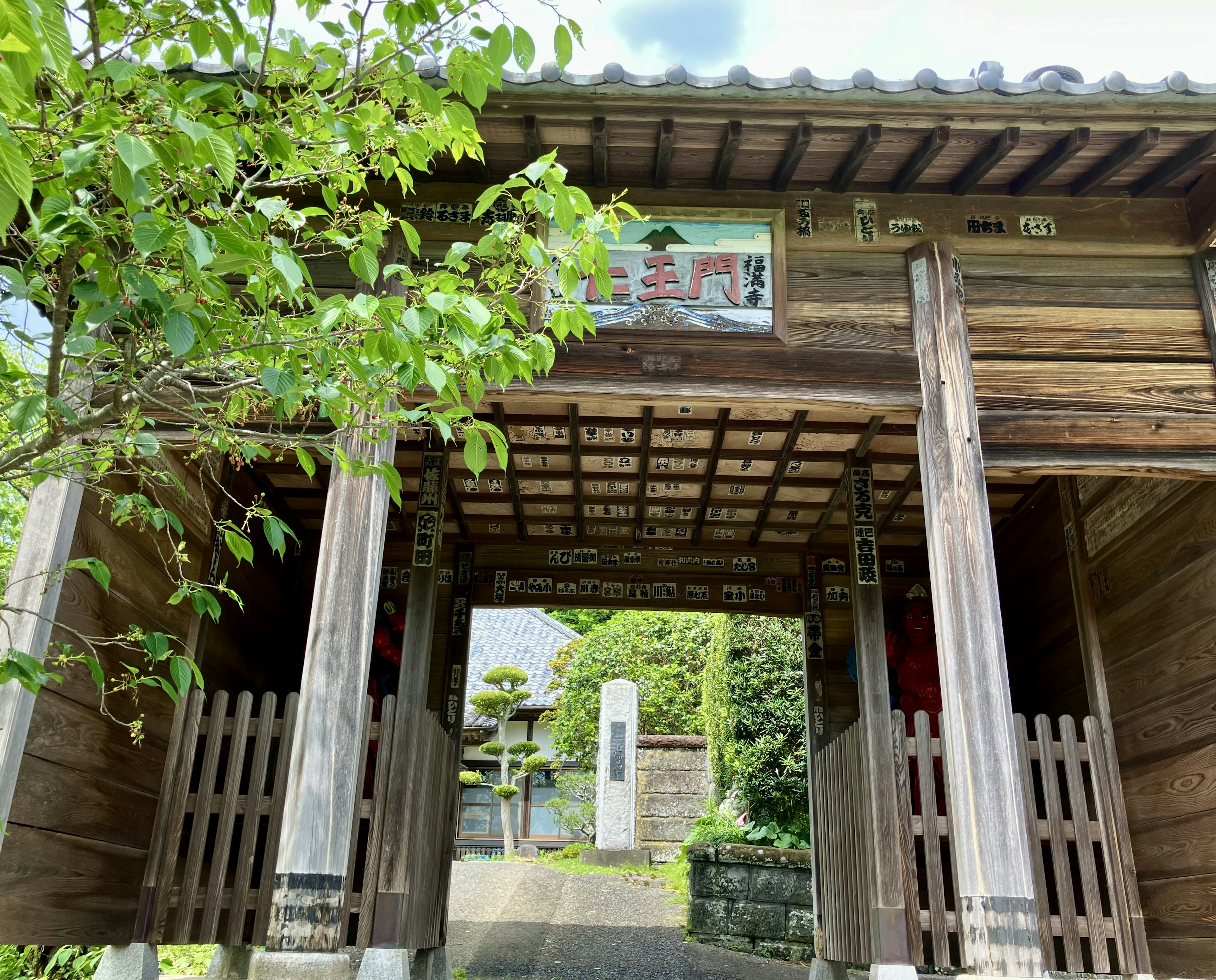 木造の門の下に緑の木があり、背景には日本の伝統的な建築が見える