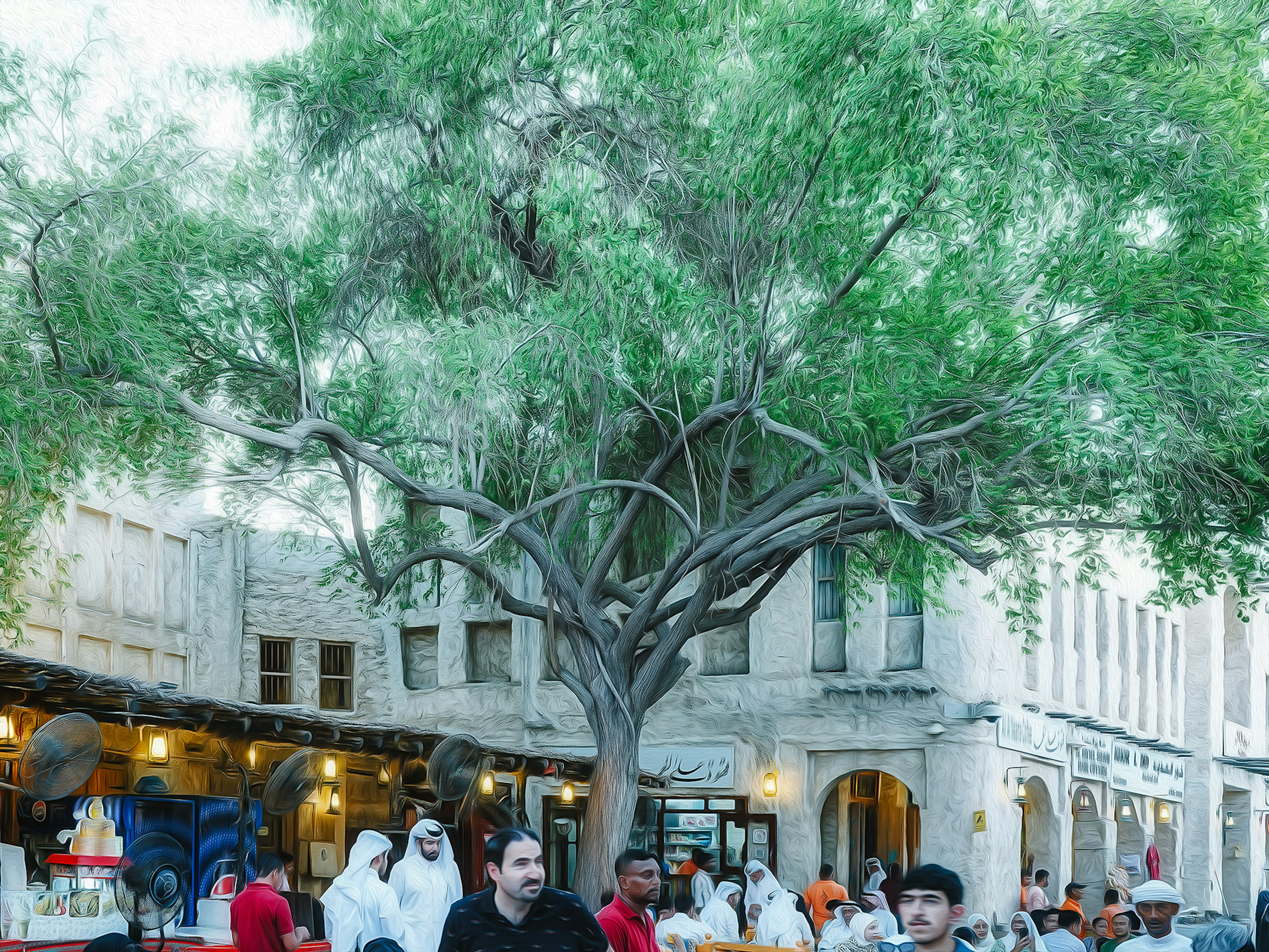 Lively market scene featuring a large tree with green foliage