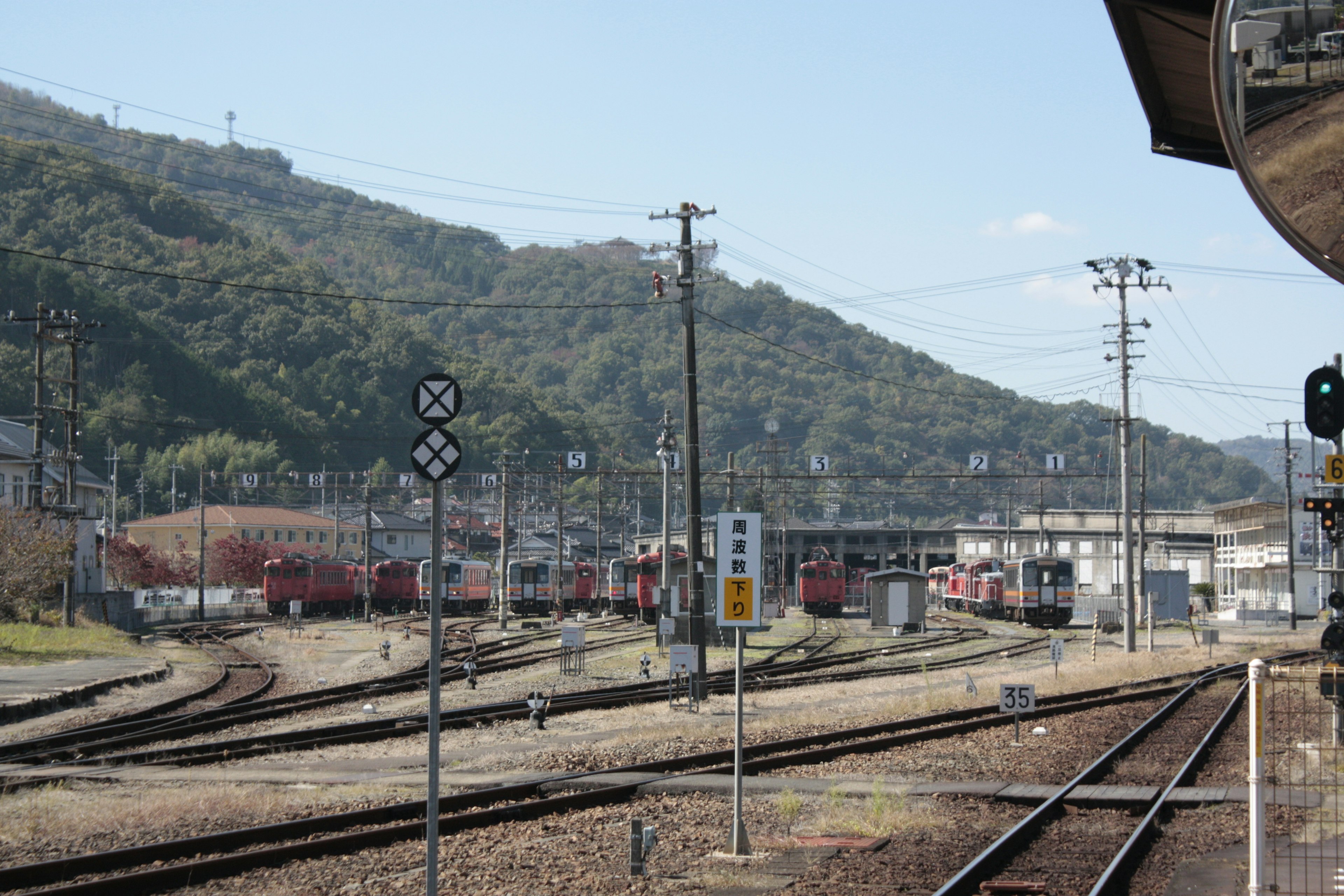 Train station scene with tracks and mountainous background