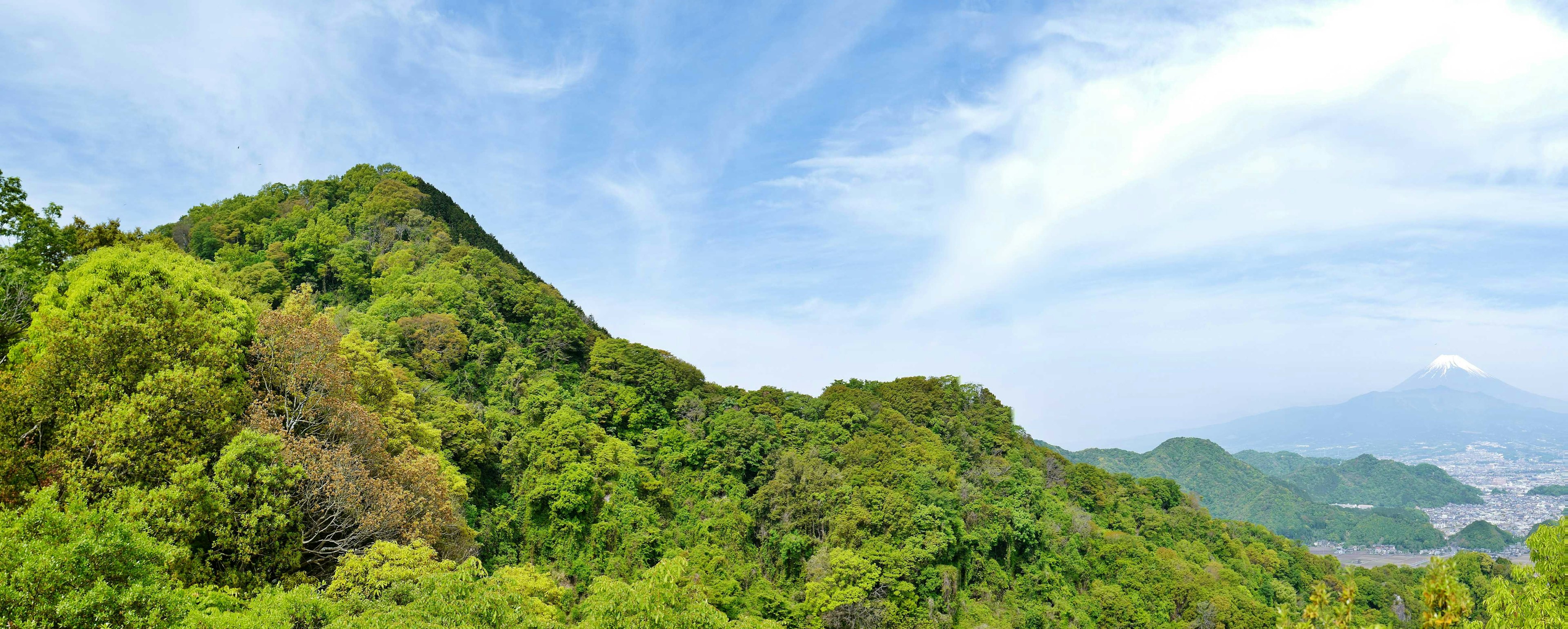 Gunung hijau subur di bawah langit biru