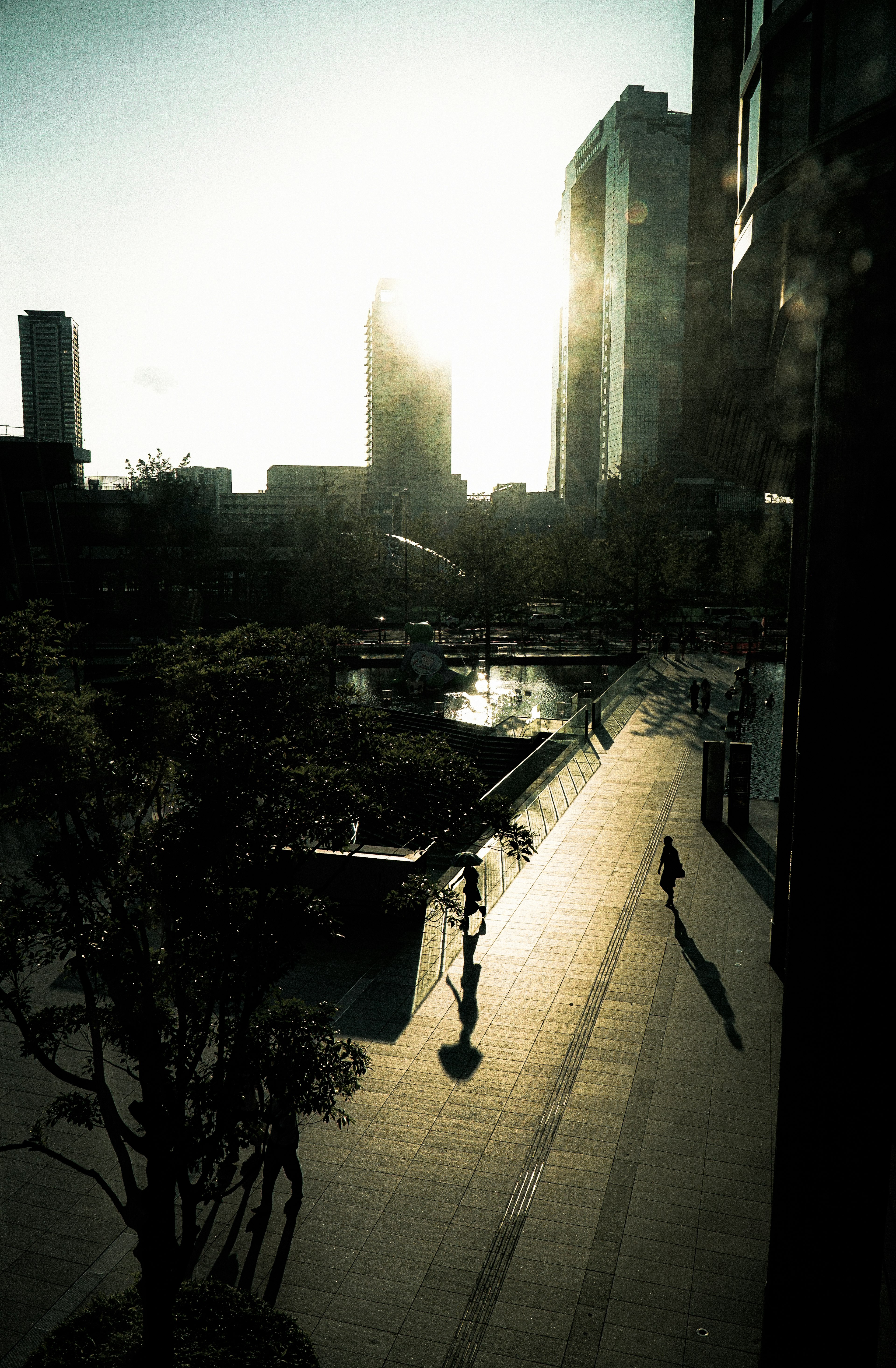 Paysage urbain avec coucher de soleil derrière des gratte-ciels longues ombres de personnes marchant