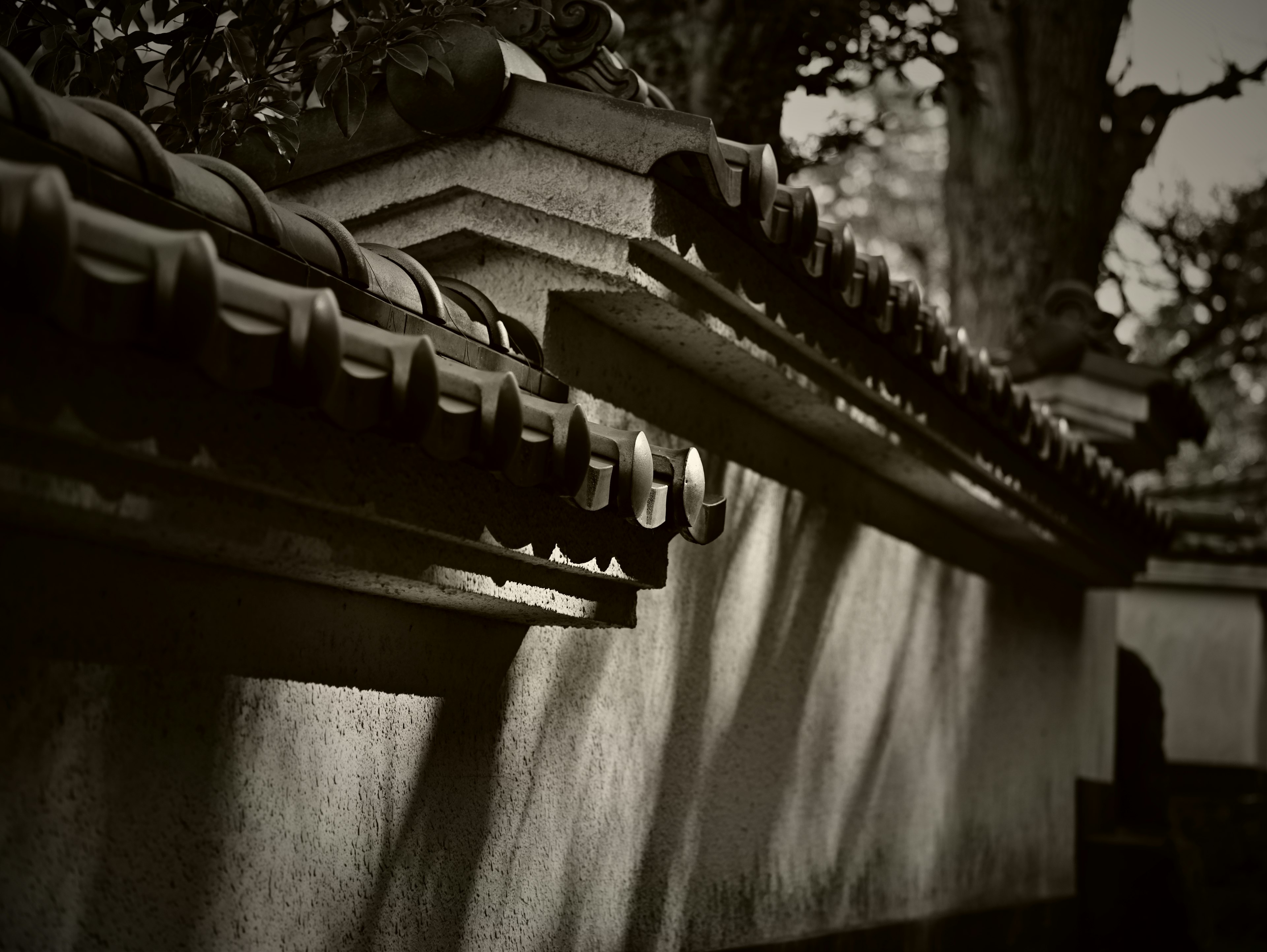 Detalles del techo tradicional y sombras de un muro antiguo