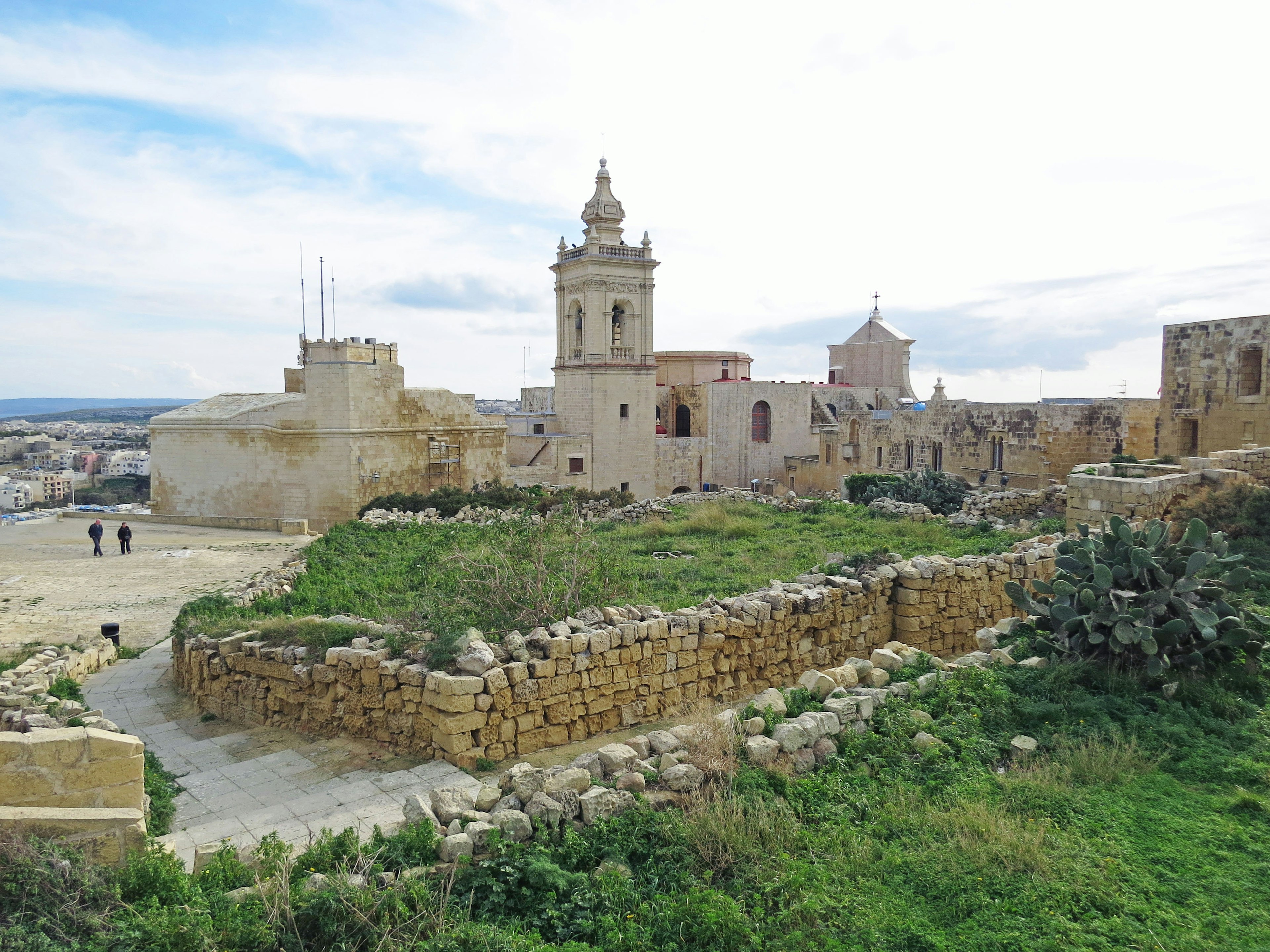 Edificios históricos de Malta con vegetación exuberante en primer plano