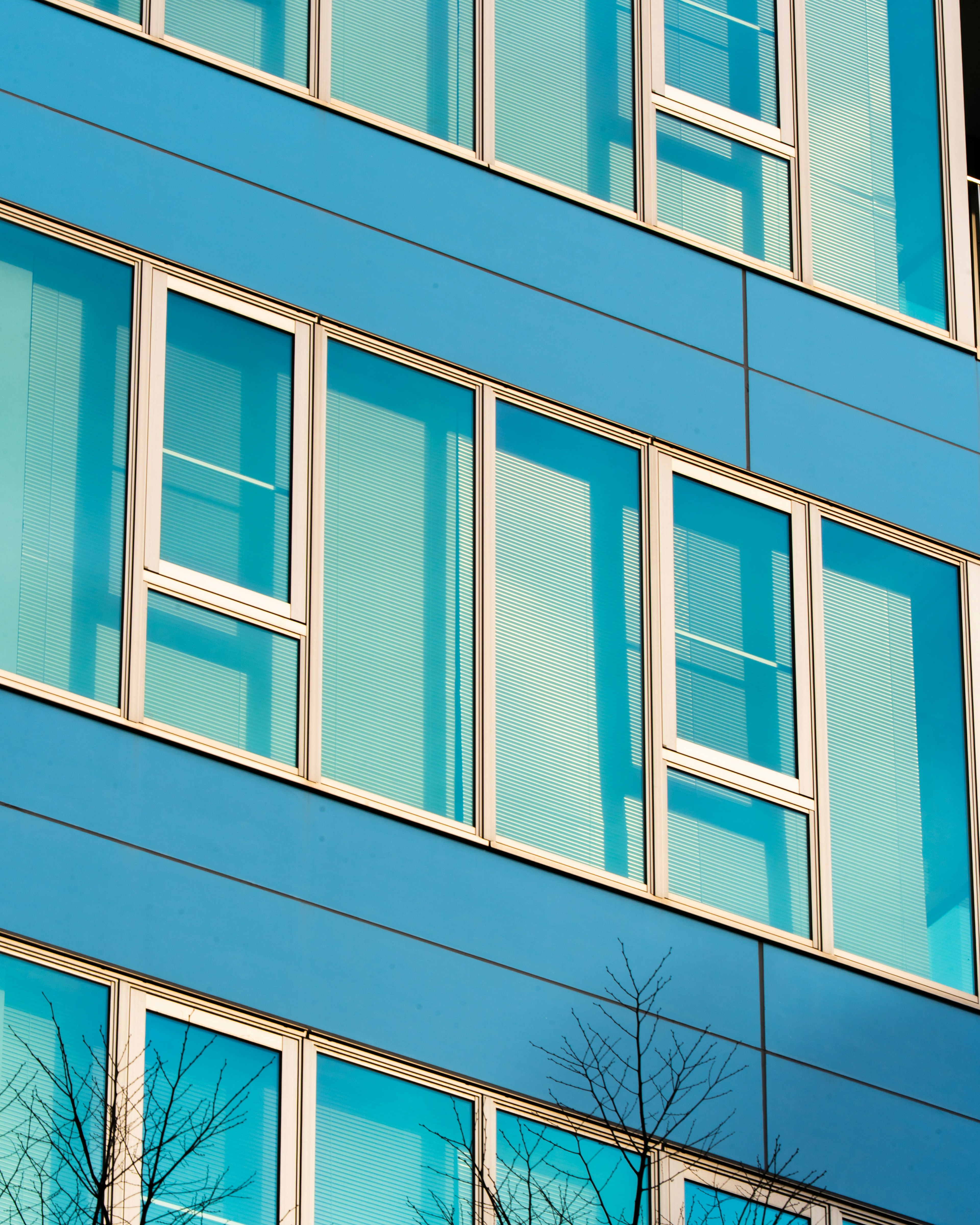 Acercamiento a ventanas en una fachada de edificio azul