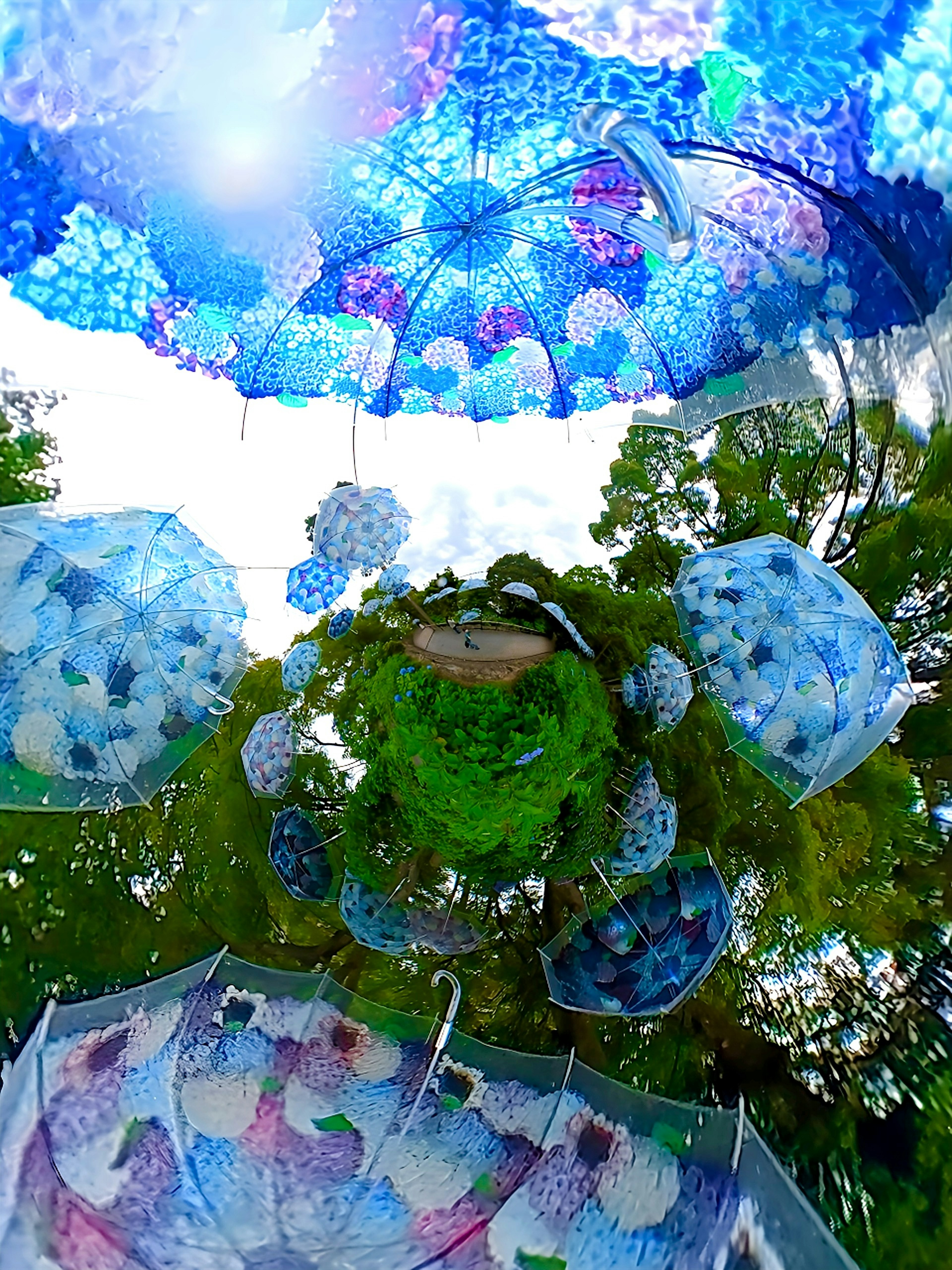 Des parapluies colorés s'étendent dans le ciel dans une belle scène