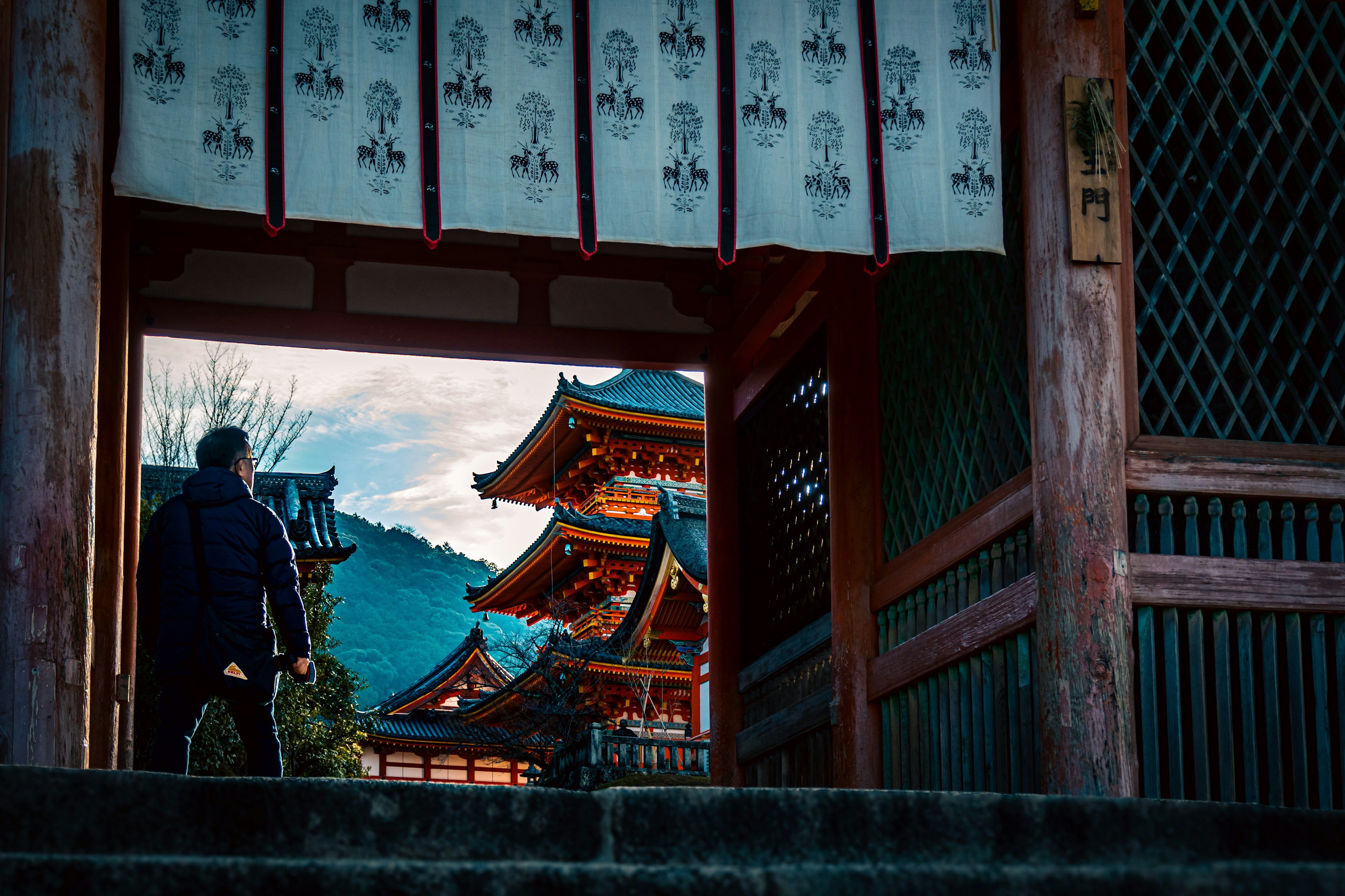 Silhouette of a person standing at a temple entrance with a mountain backdrop