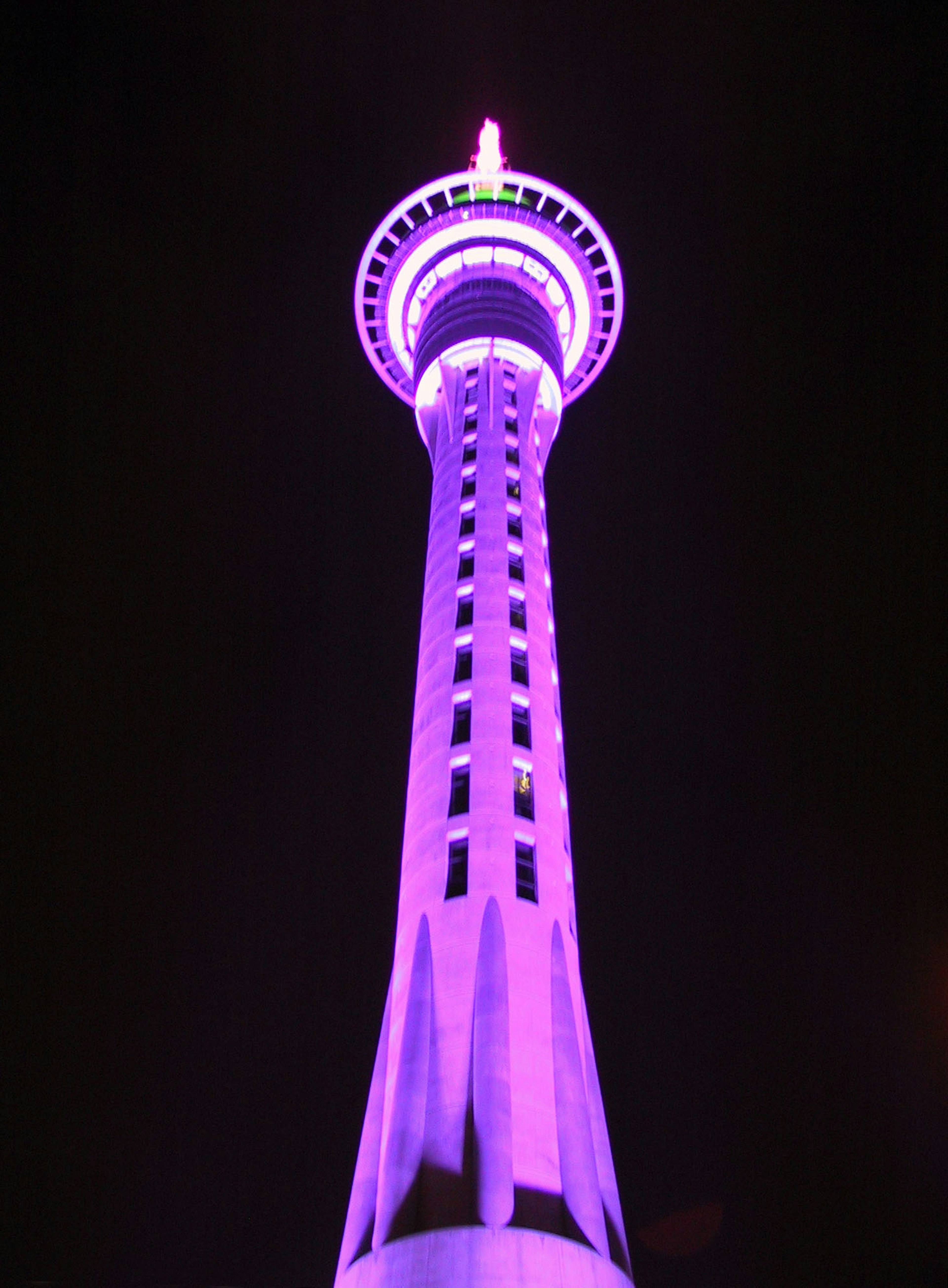 Immagine di una torre alta illuminata di viola contro un cielo notturno