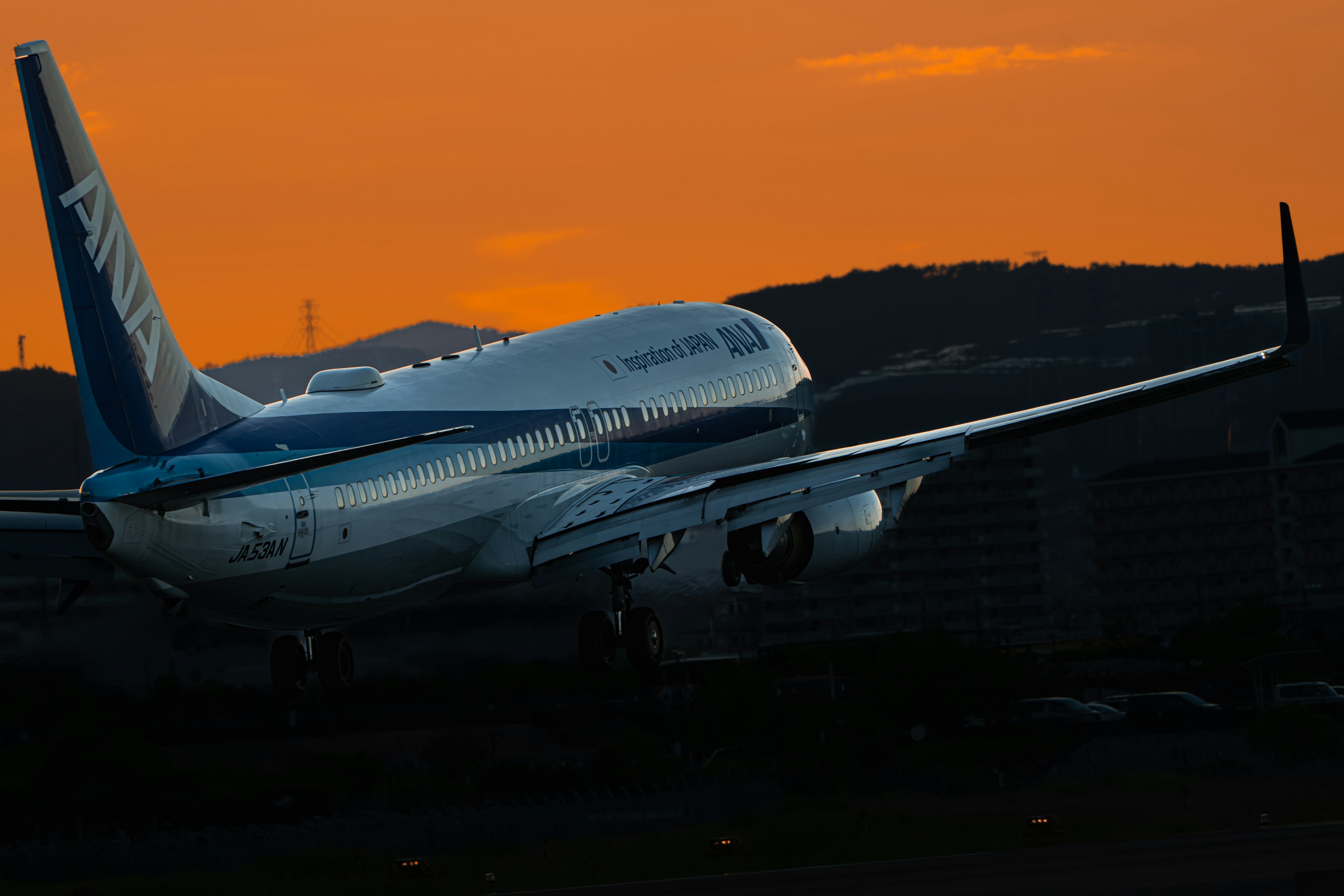 夕焼けの空を背景にしたANAの飛行機