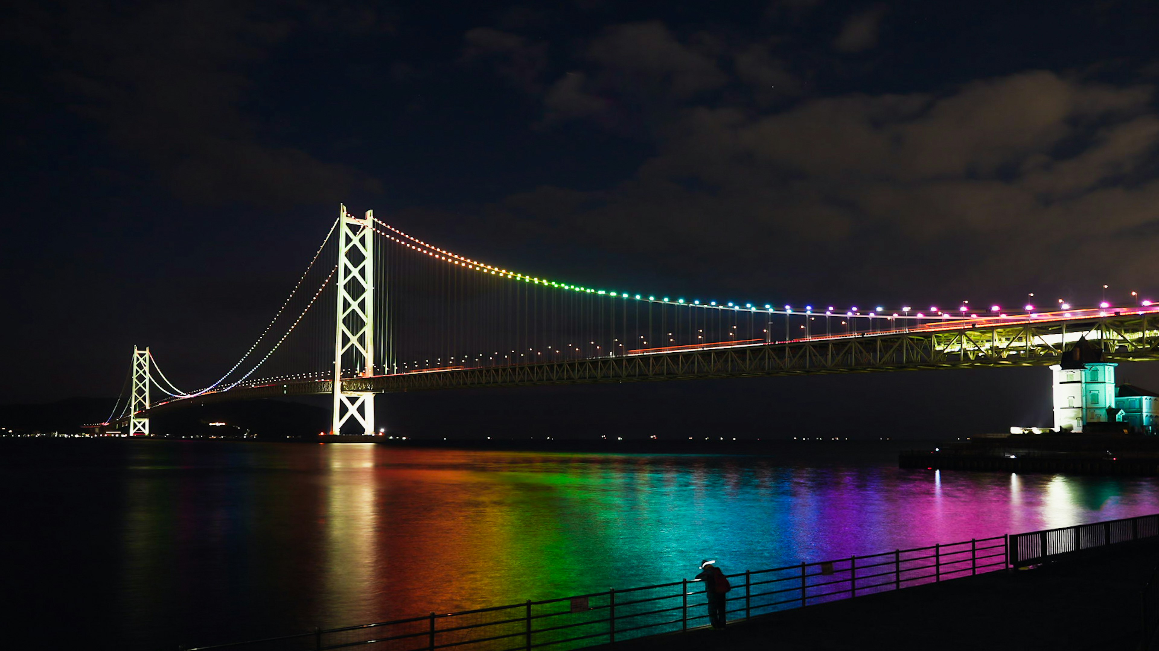 夜の虹色にライトアップされた橋と水面の反射