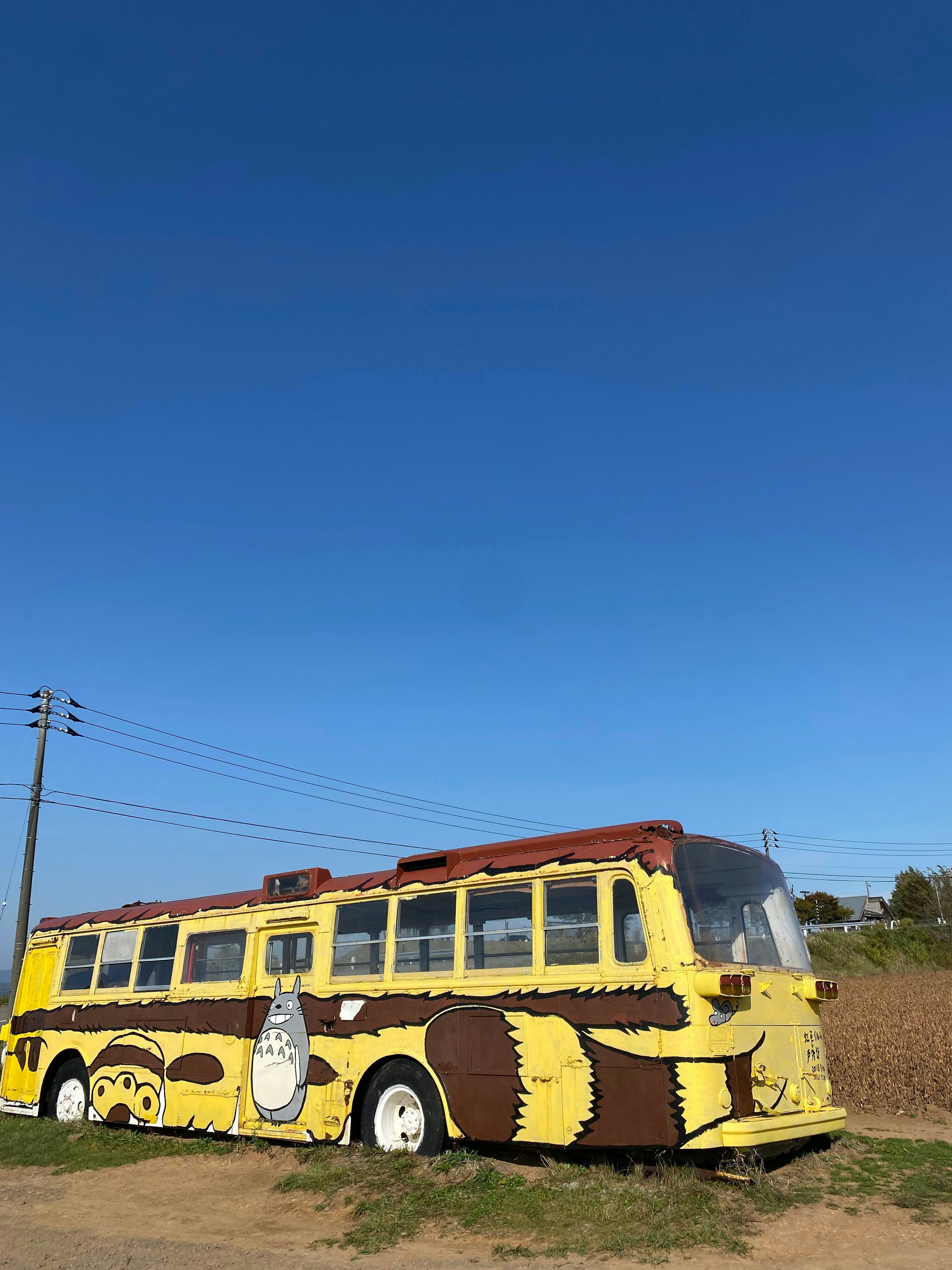 A yellow bus with brown patterns under a clear blue sky