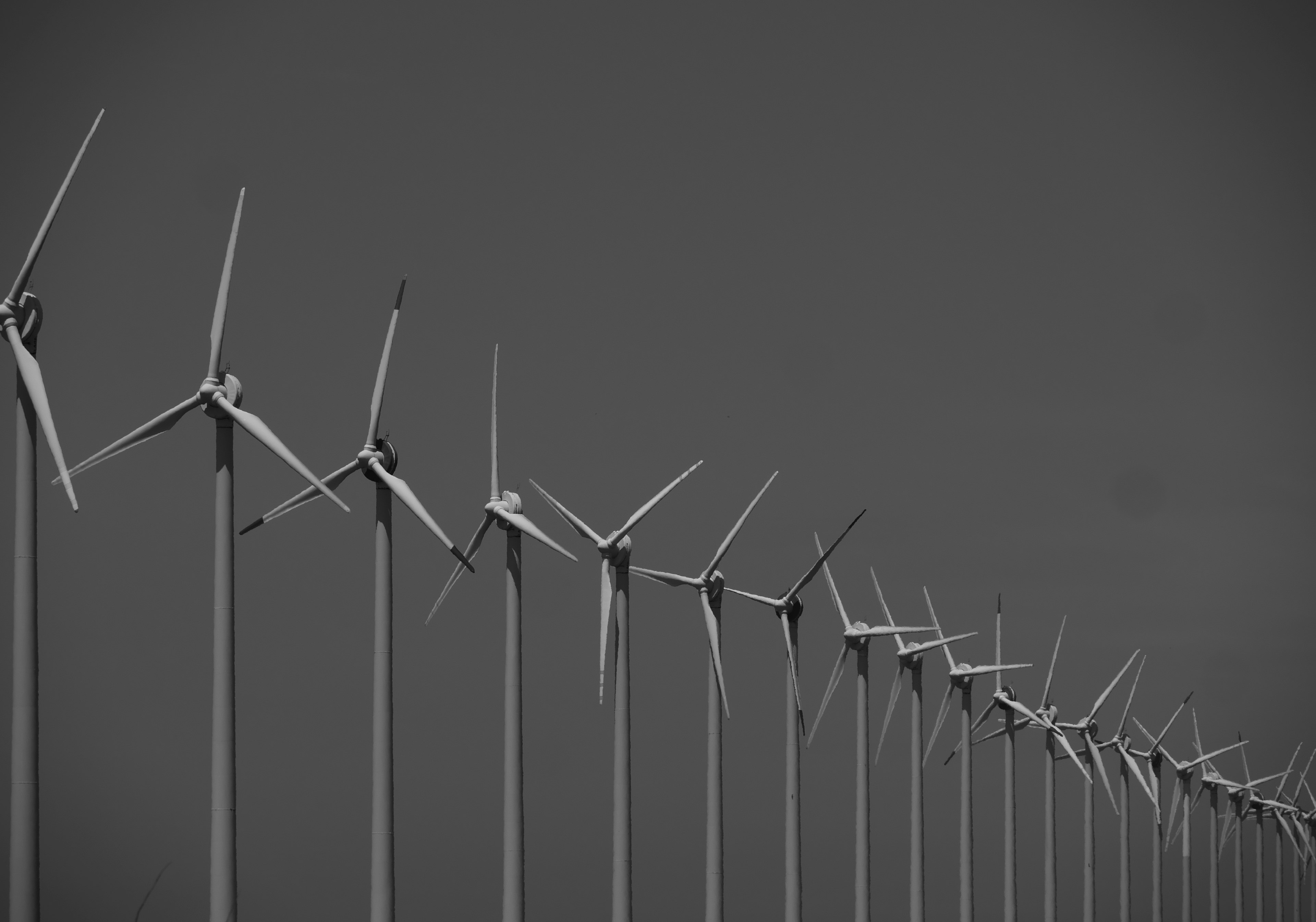 Row of wind turbines against a gray sky