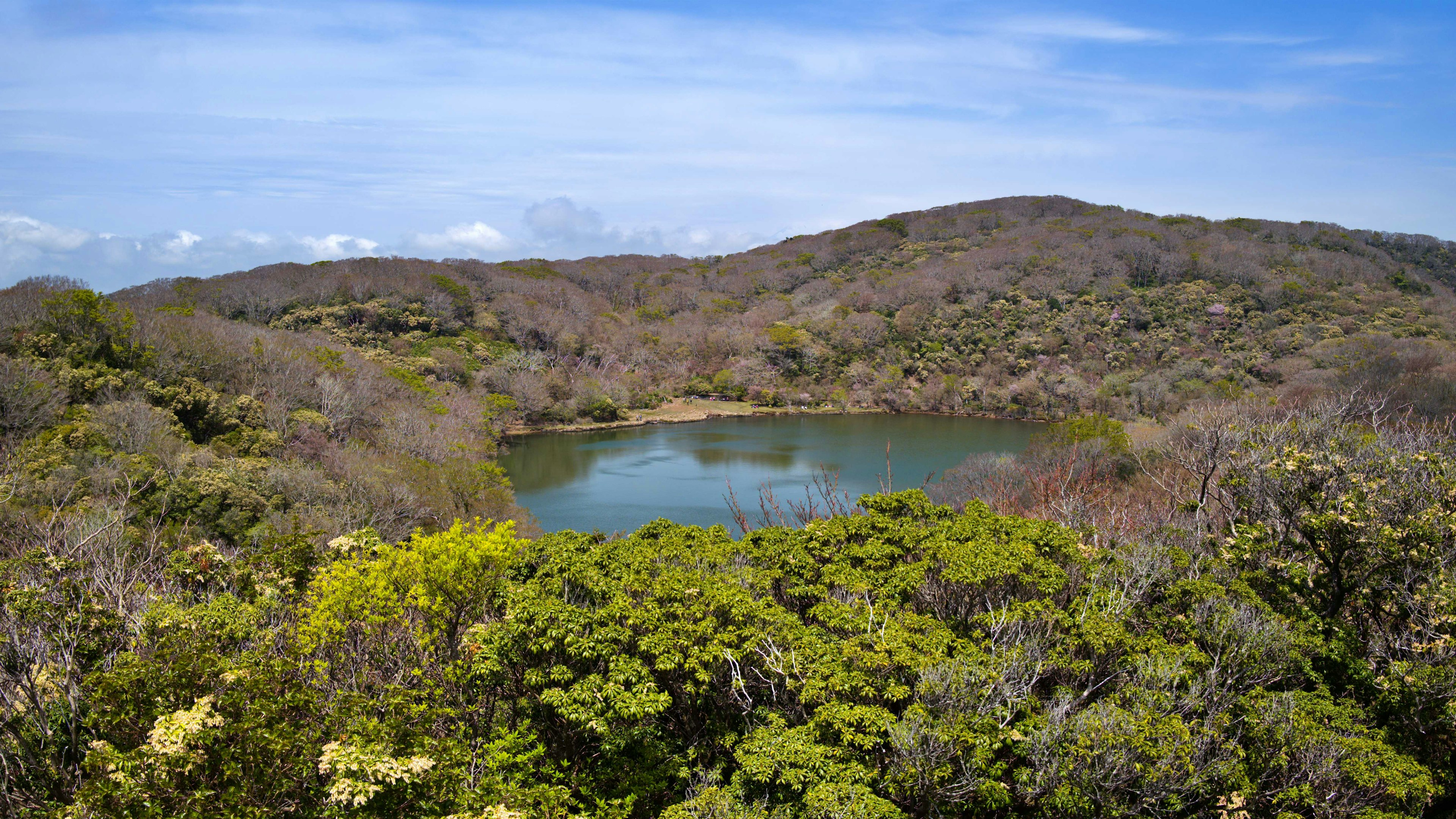 緑豊かな丘に囲まれた穏やかな湖の景色