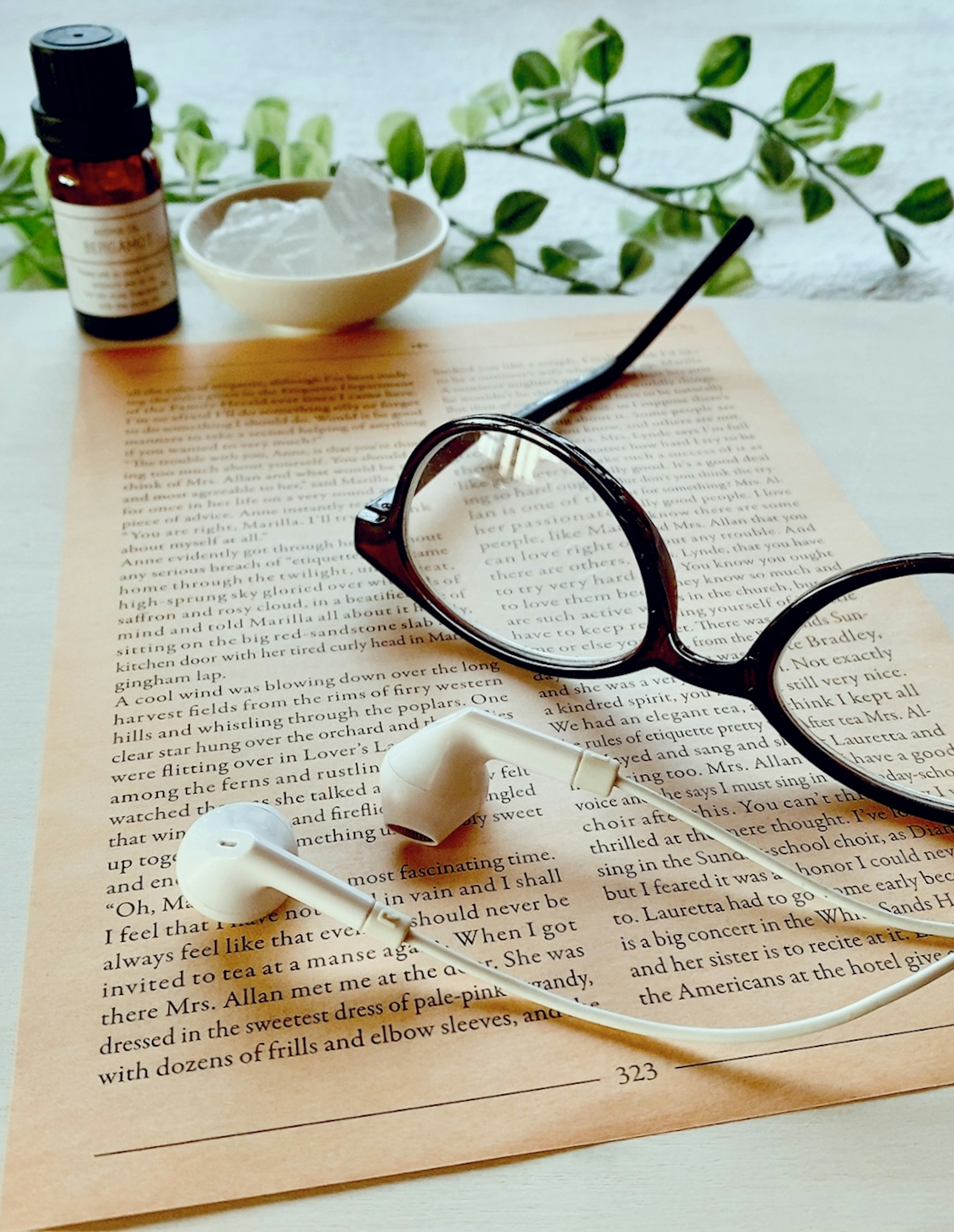 Glasses and earphones on a book page with a bottle of essential oil and a small bowl green plant in the background