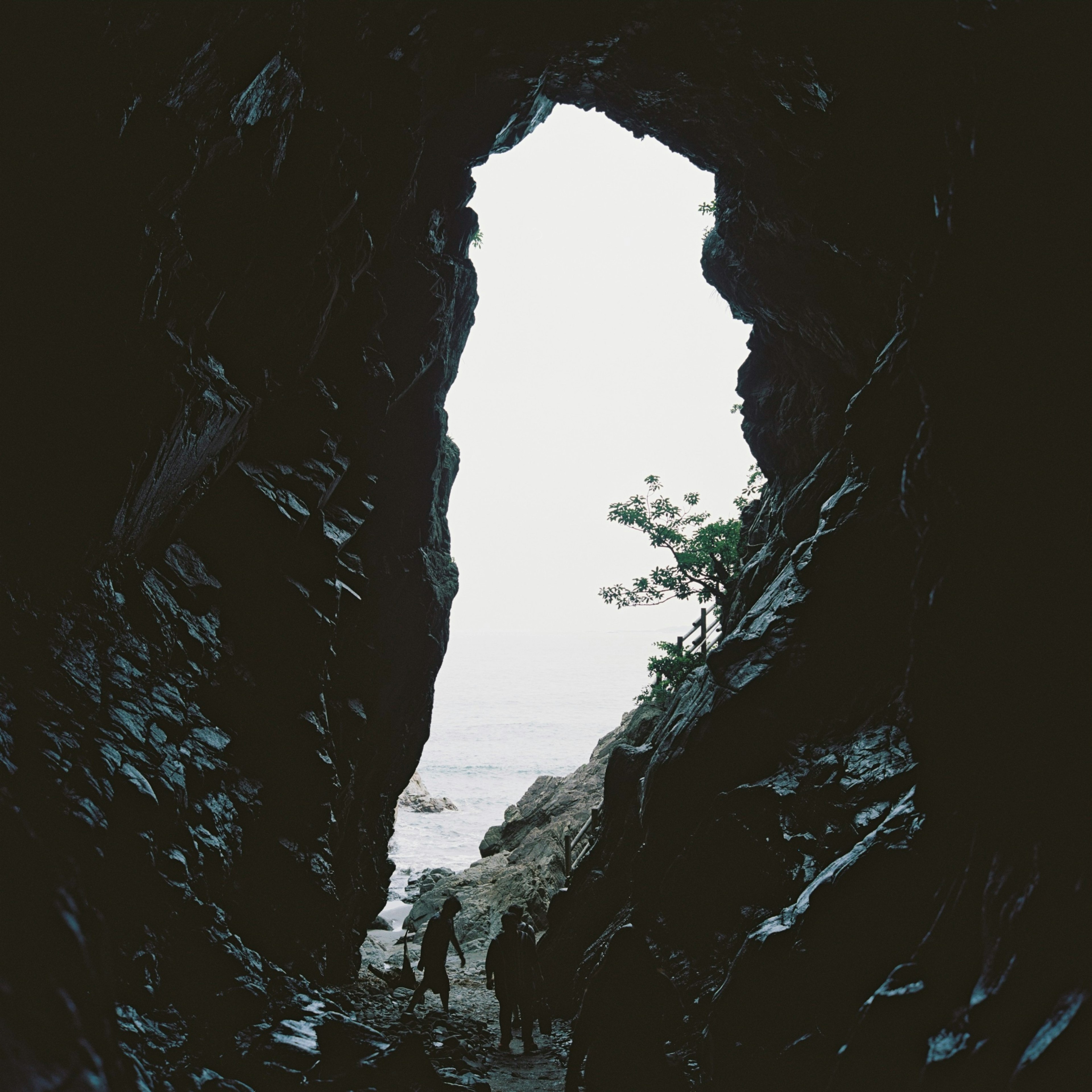 Silhouettes of people gazing at the sea from a cave entrance