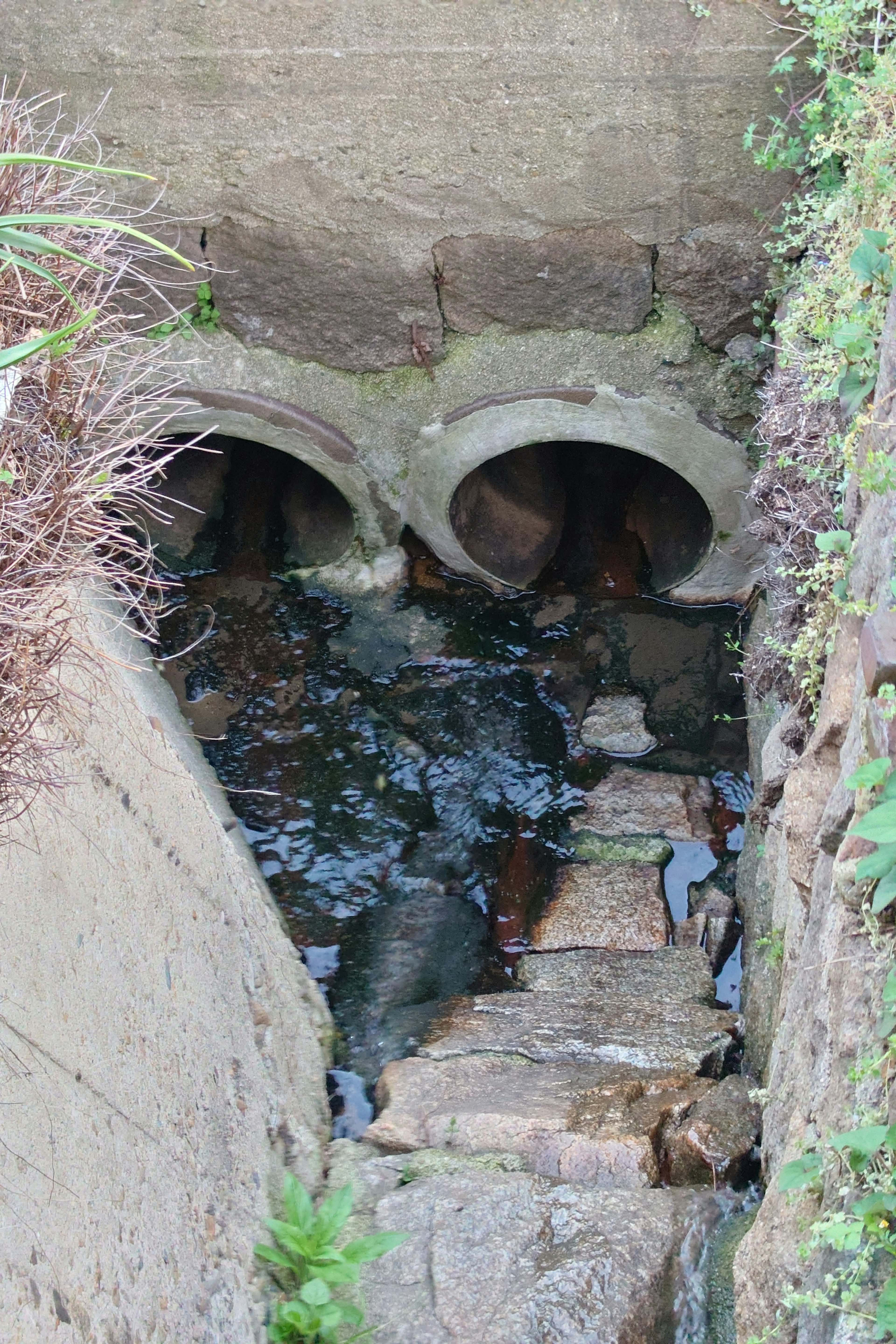 Vista delle aperture dei tubi di drenaggio con acqua che scorre e gradini di pietra