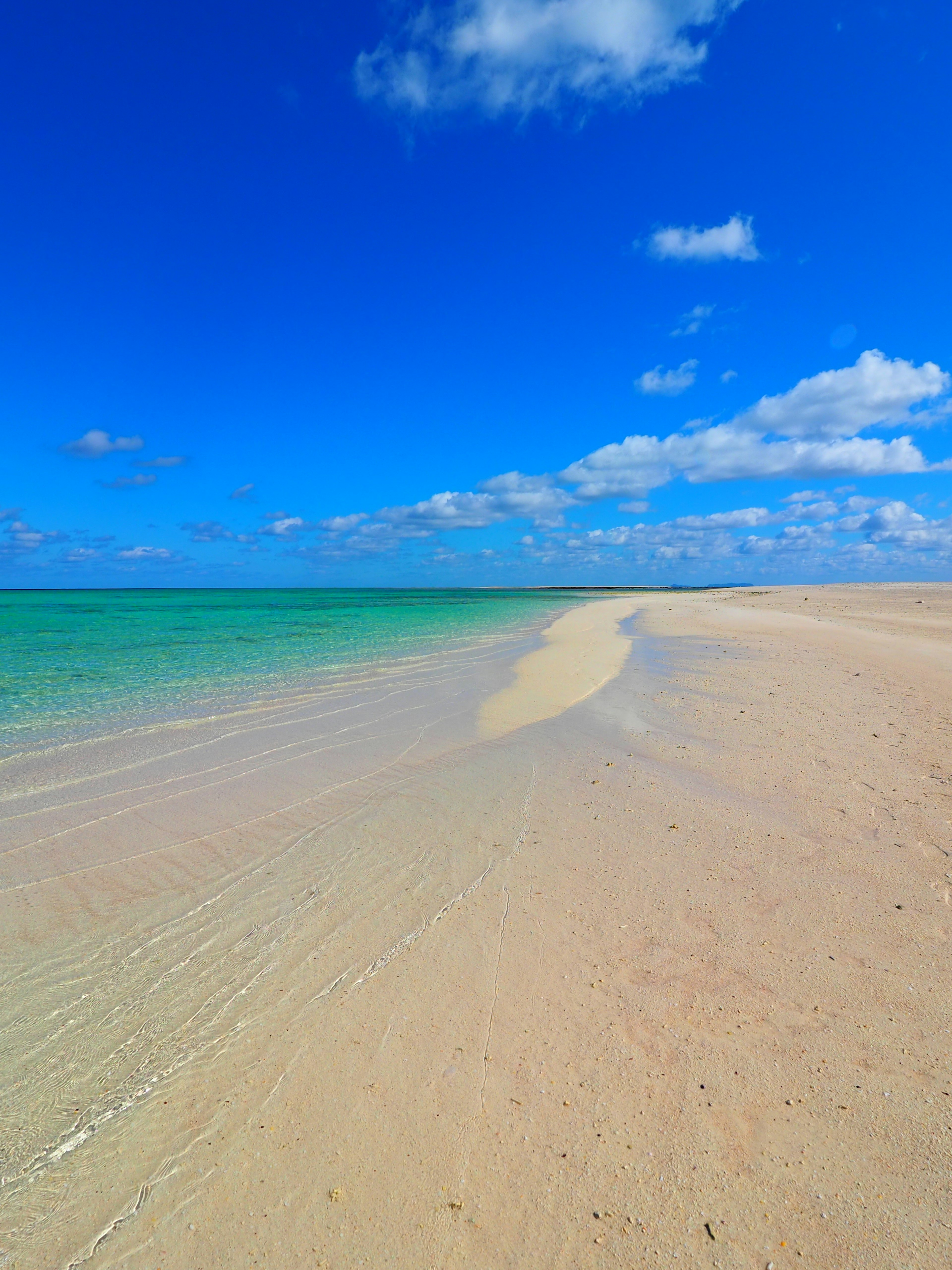 Pemandangan pantai dengan langit biru dan laut hijau