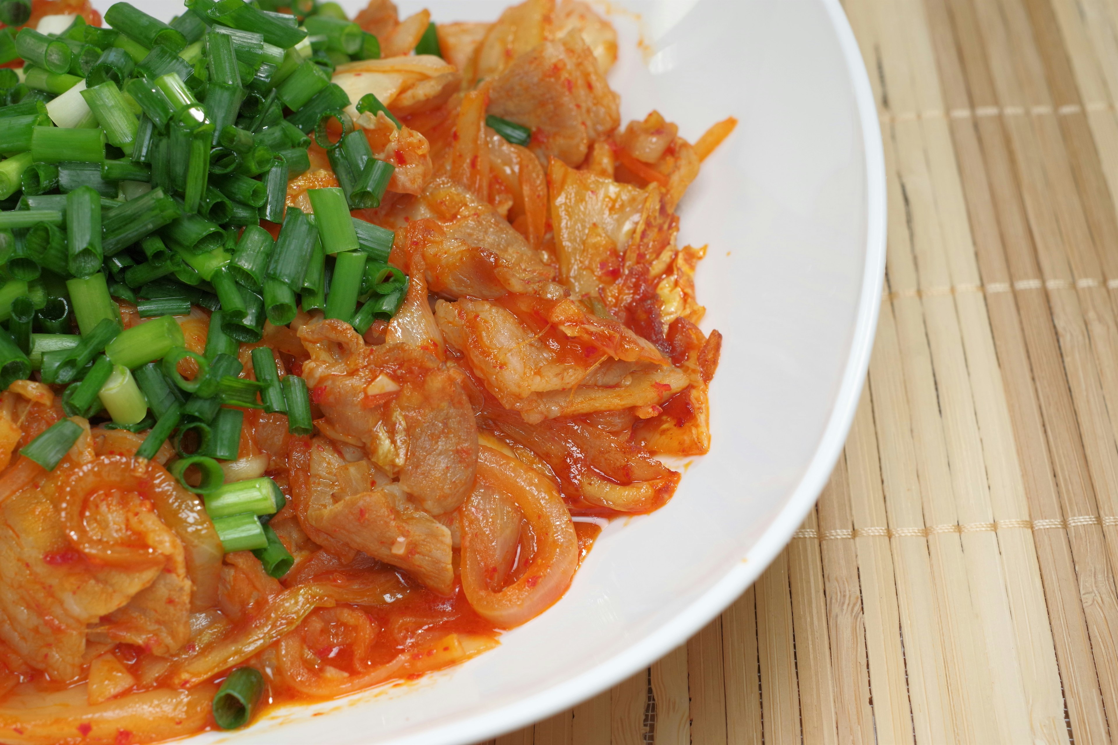 Ein Teller Schweinefleisch in roter Sauce mit Frühlingszwiebeln