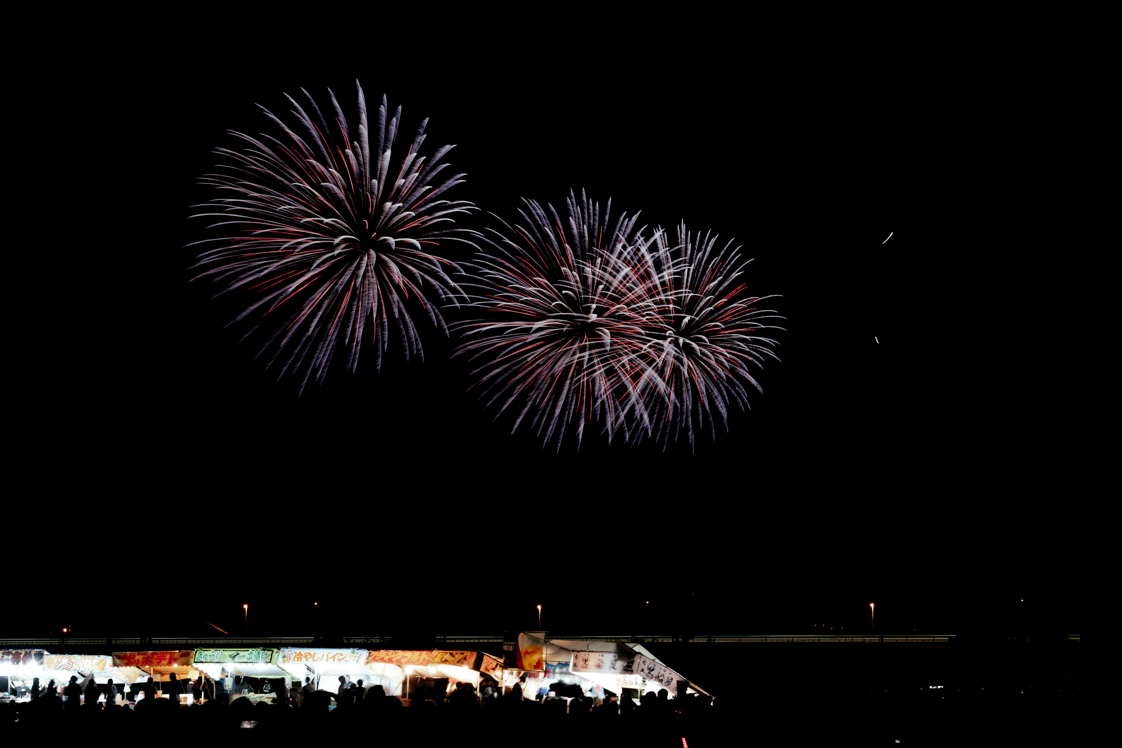 夜空中绽放的五彩烟花与观众的轮廓