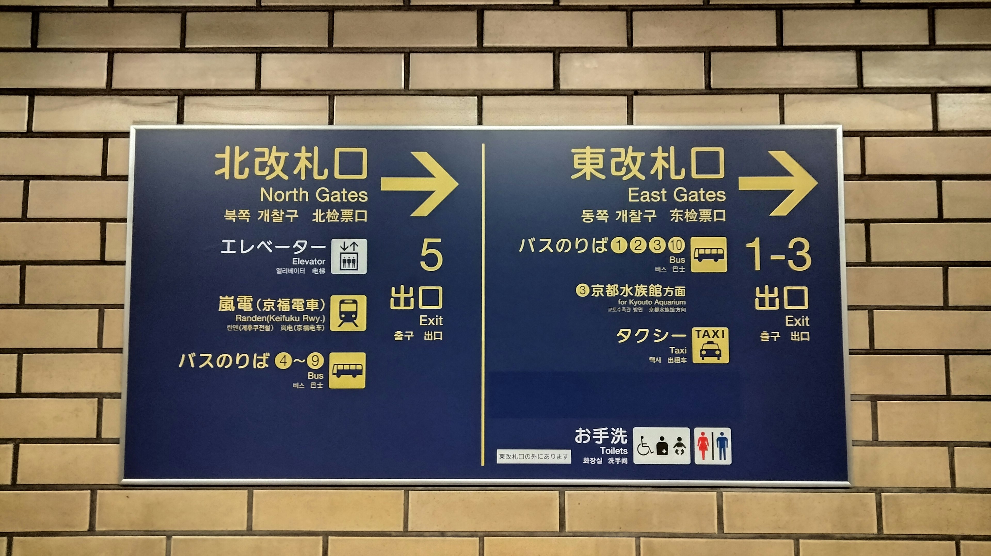 Station sign showing North Gate and East Gate directions including elevator and exit information