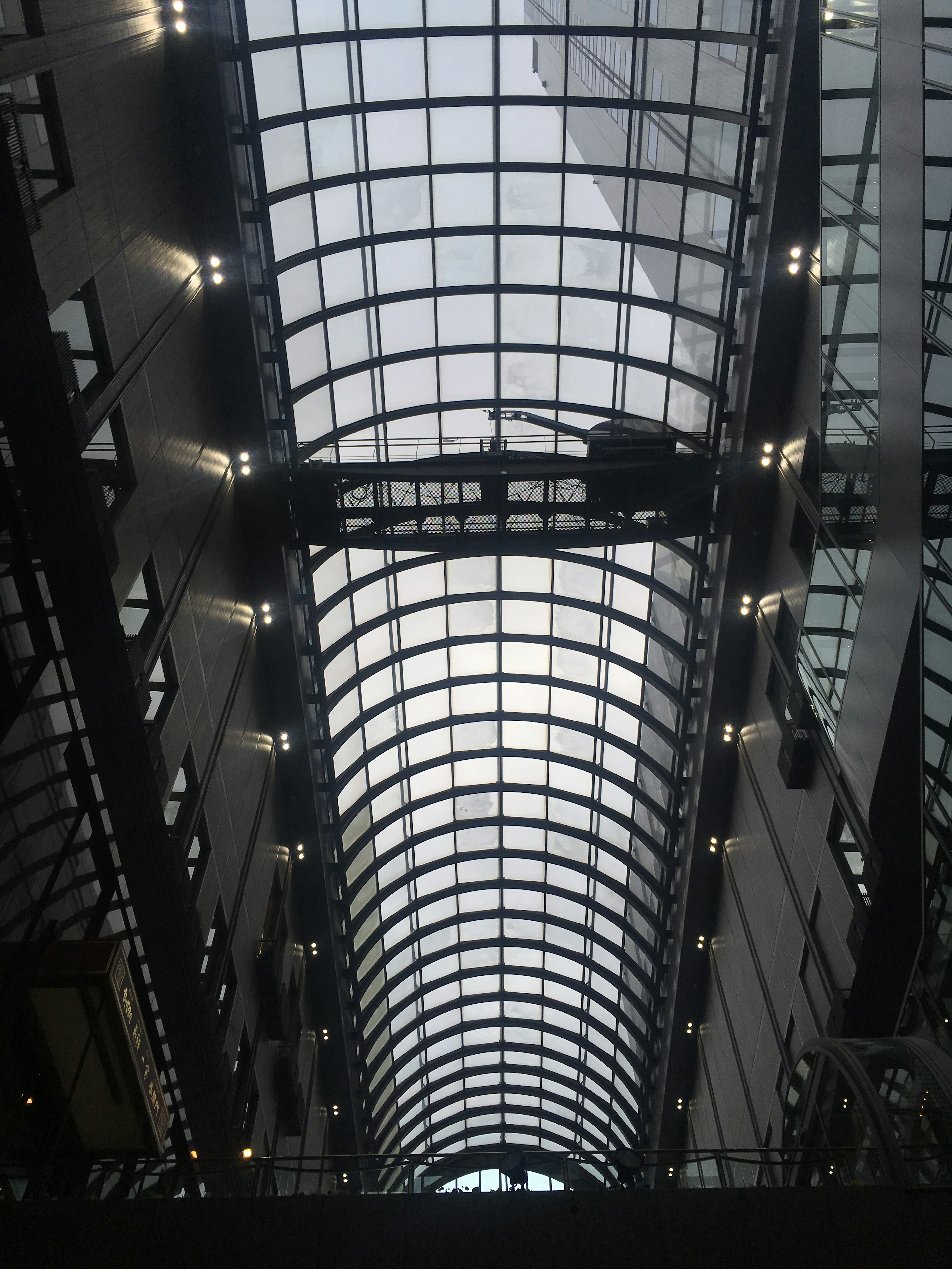 Vista de un techo de vidrio en un edificio con luces brillantes y diseño curvado