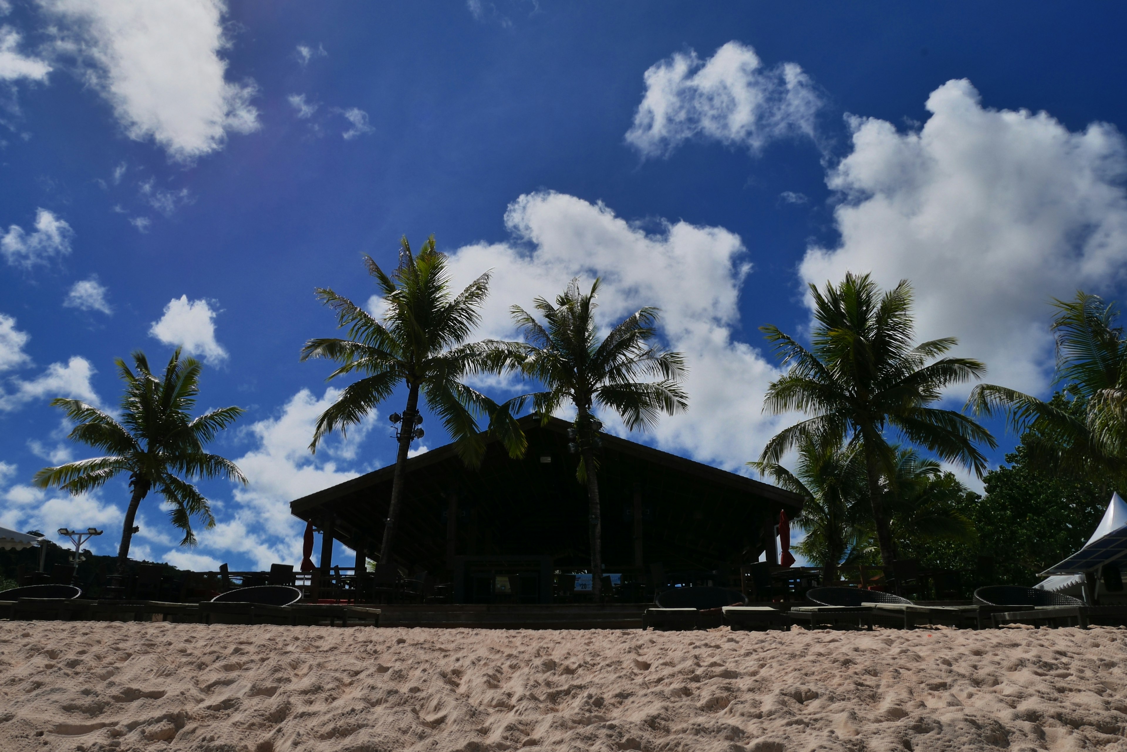 Una estructura en la playa con techo de palma rodeada de palmeras bajo un cielo azul y nubes blancas